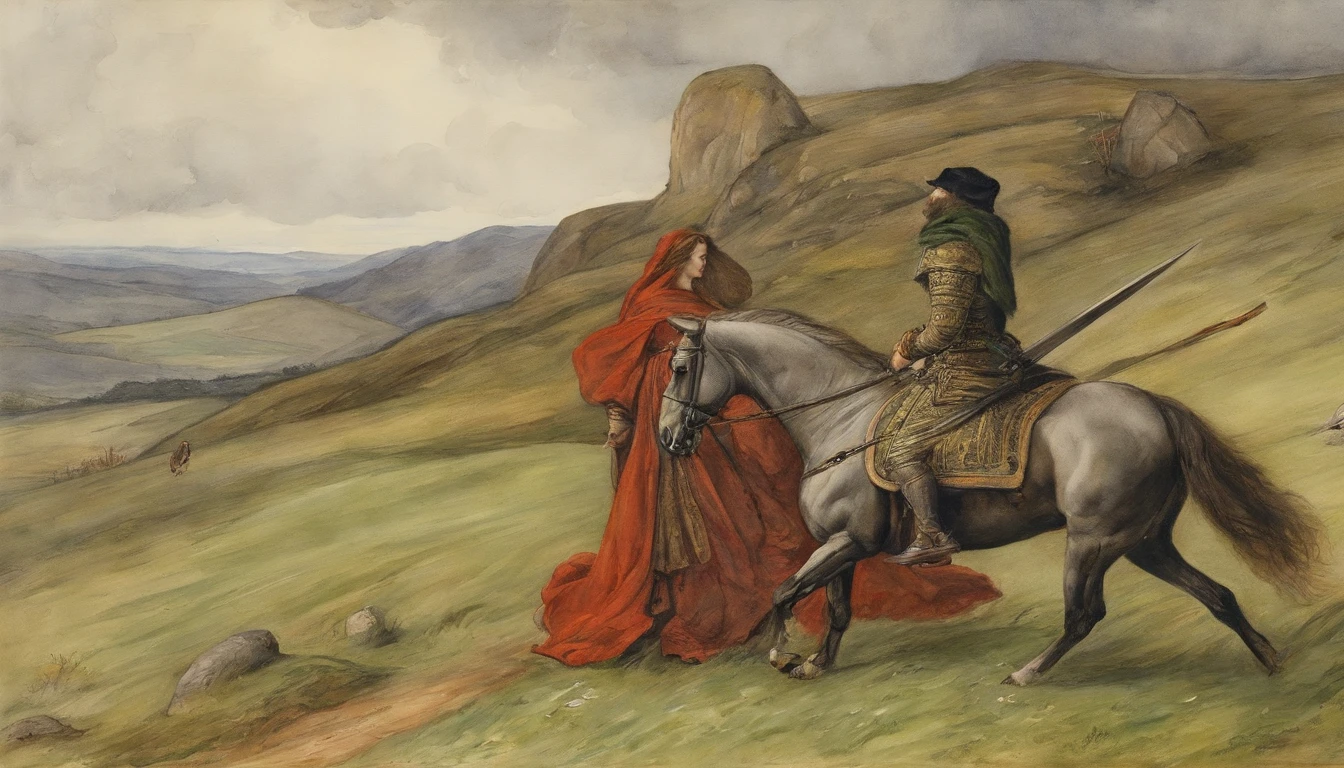 John Everett Millais, Pre-Raphaelites, knight, lady, medieval, banner, wind, sword