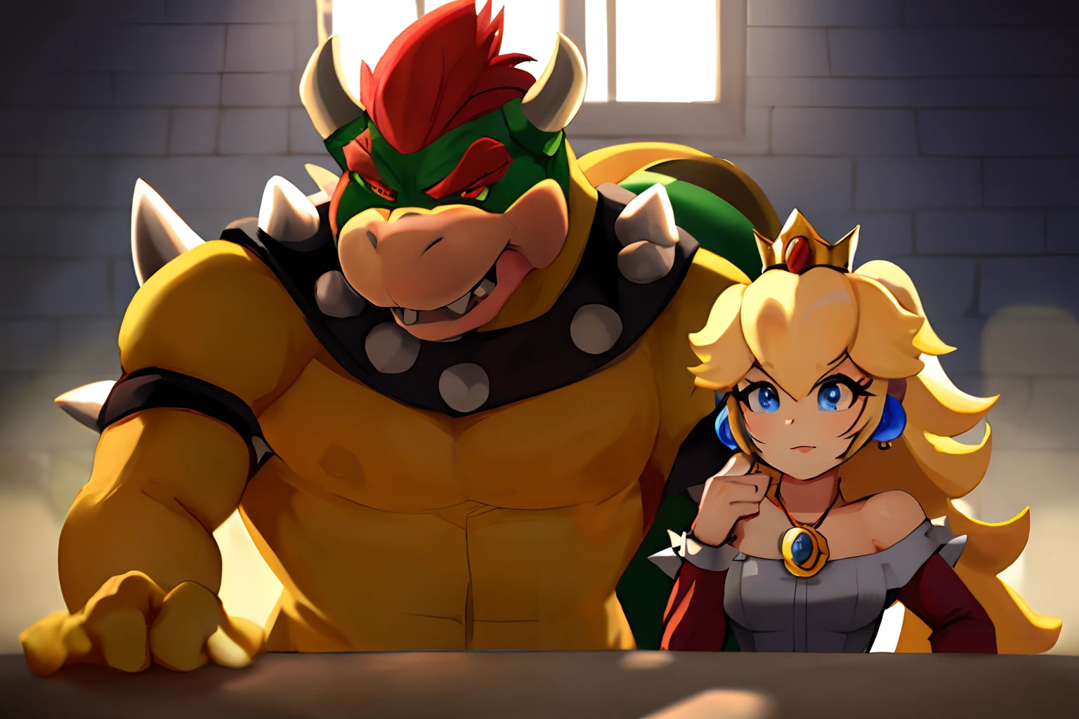 Bowser, (Princess Peach), macho maior, colarinho cravado, (1st grade), (1girl), duo, master part, perfect lighting, absurdos, cabelo detalhado, Big , invisible male face, (SFW:1.1), cozinha do castelo, (Assar um bolo:1.1), bolo, alimento, mesa, Feliz, fofo, (Agarrando),