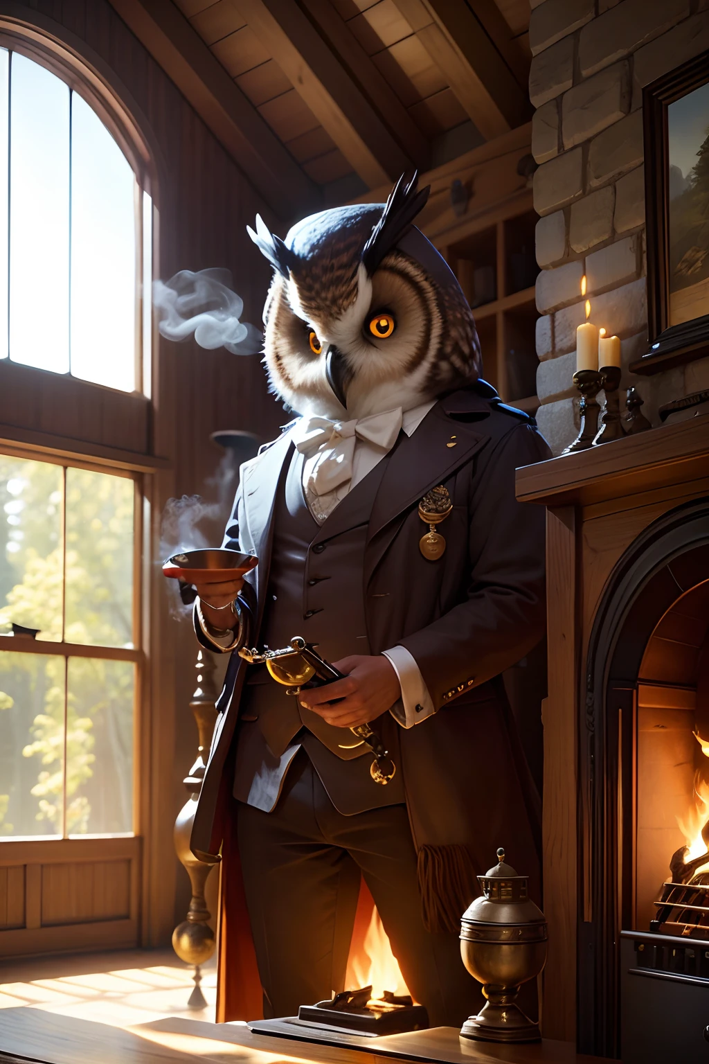 Create a topper owl smoking a curved Sherlock pipe in a beautiful fireplace in a house in the woods