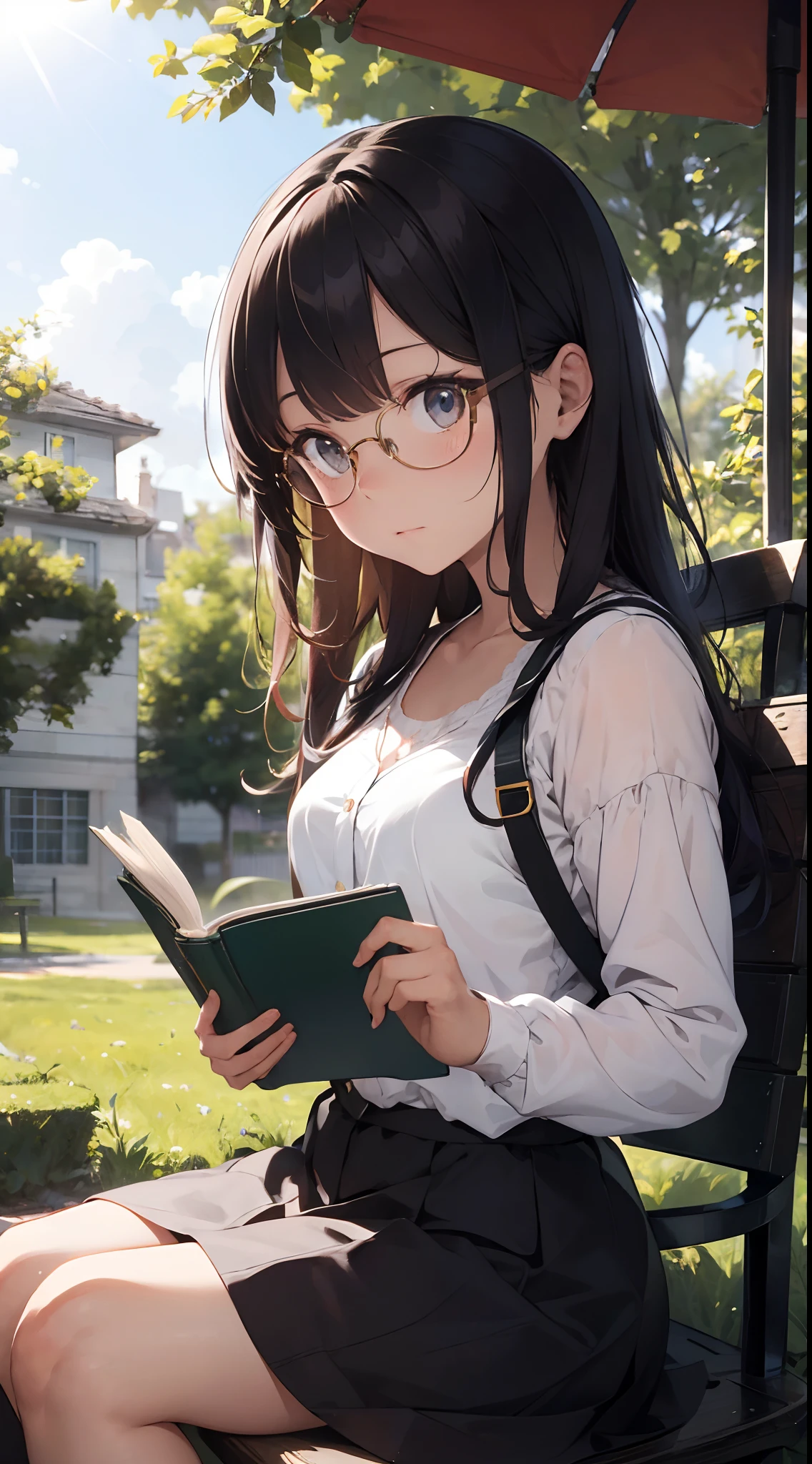 Superb Illustration, Masterpiece, Super High Quality, Super High Quality, Quality Improvement, Realistic, Girl, Solo, Princess, Beautifully captured moment of a princess reading a book in a corner of a court park, wearing glasses. She is seated on a luxurious Gothic bench, an old ornate cover in her hand, her expression filled with concentration and relief, as if she is completely immersed in the world, so to speak.

In the background, there are no tall, overgrown trees or long, beautifully manicured flowerbeds. The light envelops the scene.

Of particular note are the reflections of the sunlight through the trees onto the princess's glasses and their pages. The sun is reflected in the princess's glasses, repeating the magical moment when the story she is reading intersects with the real world.

The illustration captures the beauty of the sunlight filtering through the trees and the serene moment it creates in endless detail and emotion.