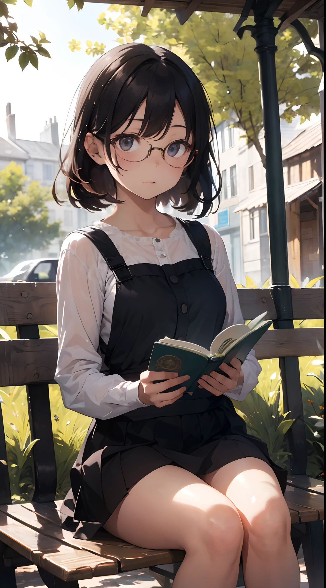 Superb Illustration, Masterpiece, Super High Quality, Super High Quality, Quality Improvement, Realistic, Girl, Solo, Princess, Beautifully captured moment of a princess reading a book in a corner of a court park, wearing glasses. She is seated on a luxurious Gothic bench, an old ornate cover in her hand, her expression filled with concentration and relief, as if she is completely immersed in the world, so to speak.

In the background, there are no tall, overgrown trees or long, beautifully manicured flowerbeds. The light envelops the scene.

Of particular note are the reflections of the sunlight through the trees onto the princess's glasses and their pages. The sun is reflected in the princess's glasses, repeating the magical moment when the story she is reading intersects with the real world.

The illustration captures the beauty of the sunlight filtering through the trees and the serene moment it creates in endless detail and emotion.