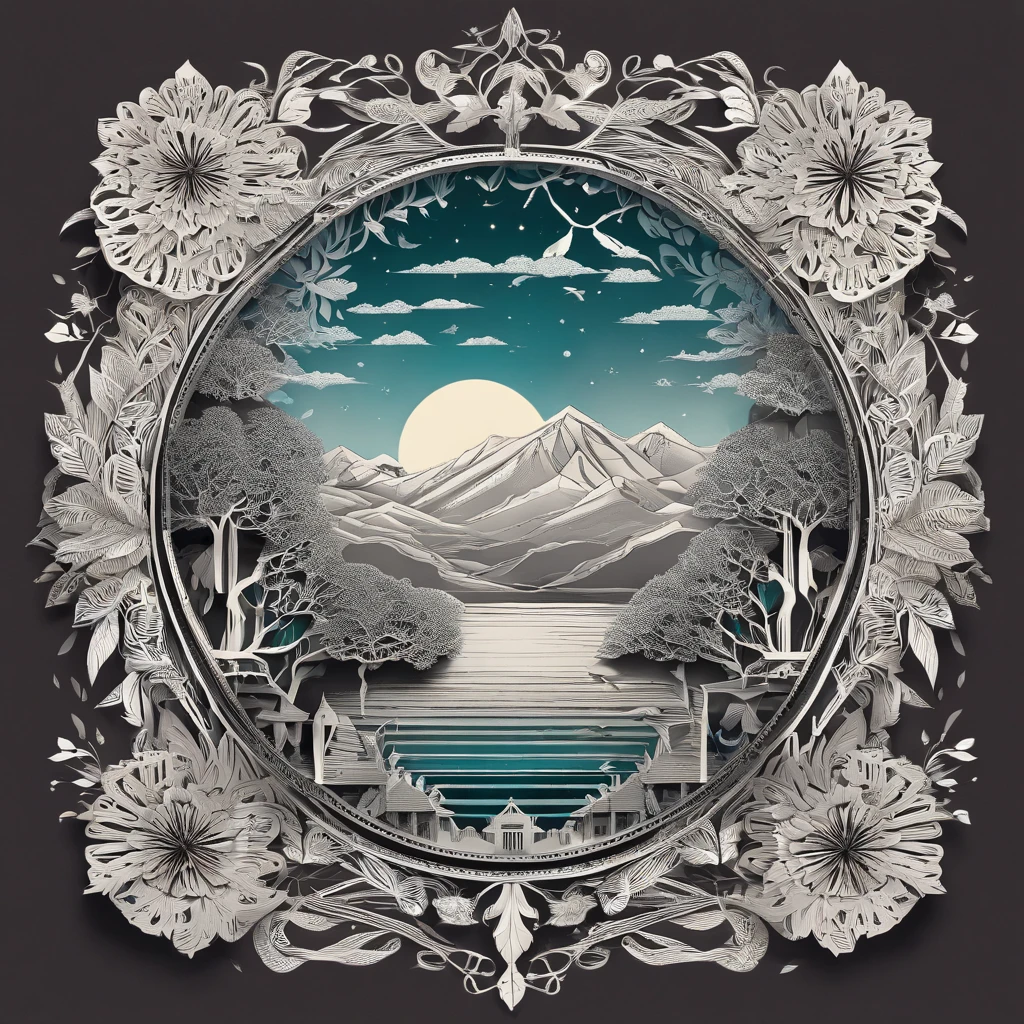 "Create a library of intricate and delicate papercut art featuring intricate floral patterns, geometric shapes, and abstract designs in vibrant colors. The art should be inspired by traditional papercutting techniques from various cultures and time periods, while also incorporating modern design elements. The final pieces should be both visually stunning and thought-provoking, exploring themes such as the relationship between nature and humanity, the passage of time, and the interconnectedness of all things."