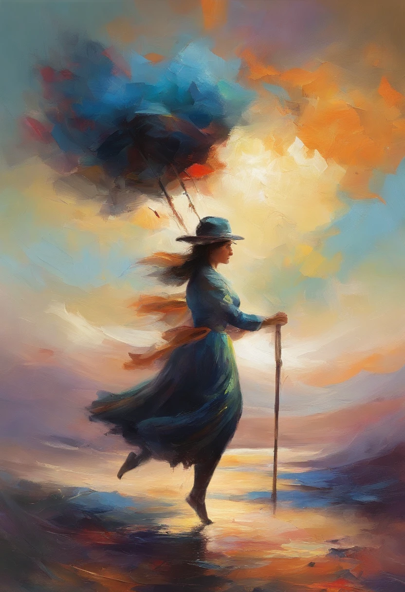 masterpiece、top-quality、morning、stroll、Cloud Girl、floating in sky、a closeup、with light glowing、Happiness、Fresh morning sunshine、(Spark:0.7) 、stroll、landscapesa beautiful witch woman with a balck hair & pony tail, riding with a broom & trim between the two thighs, flying in the sky,🌍 8k