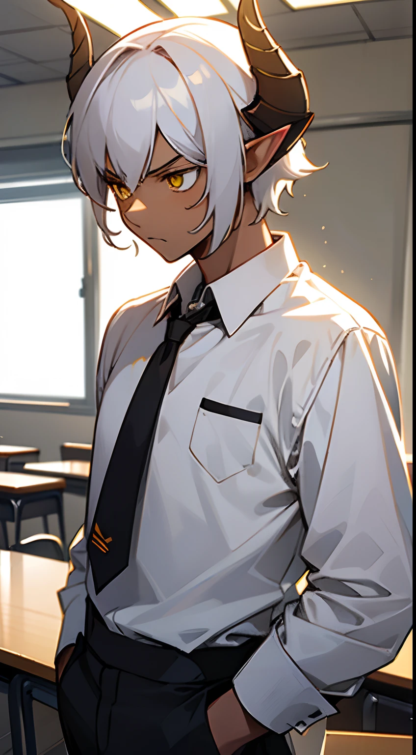 1boy,medium,solo,serious face,tanned skin,white school shirt,black pants,Short hair,White hair,yellow eyes,elves ears,black horns,classroom,masterpiece,hd,4k