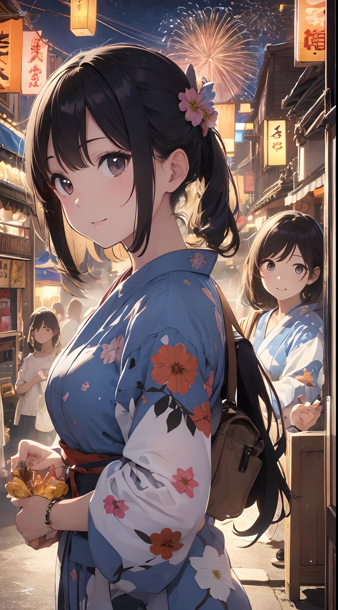 Quality improvement、hightquality、16Kwall-paper、Masterpiece、Meticulous portrayal、Detailed down to the smallest detail、intricate detailes、Backgrounds with depth、Three-dimensional background、Official Art、Best Illustration Award Winner、Effect with people standing out、The best rendition、人物:Two women and one man in yukata、Smiling and walking together、Women in colorful yukata with floral patterns and polka dots、Men wear dark blue yukata、There are also small items such as hair ornaments and lanterns Background:Fireworks are set off in the night sky、A lively summer festival with food stalls and lanterns、You can feel the atmosphere of crowds and festivals Impact:The color and shape of the fireworks are different々Eye-catching with、The facial expressions and poses of the people are fun and empathetic.、The details of the stalls and lanterns are detailed and realistic.、Beautiful contrast between light and shadow