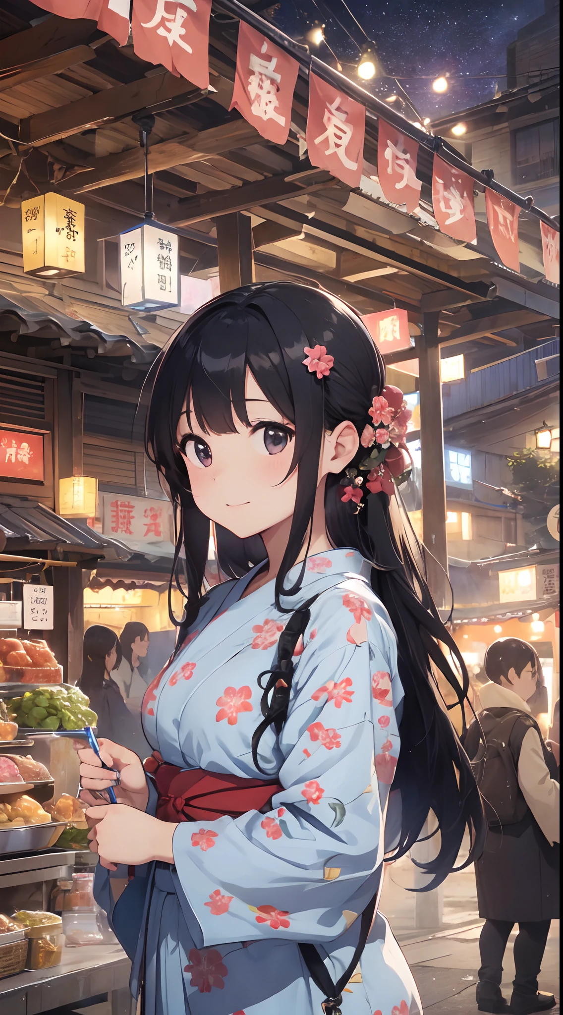 Quality improvement、hightquality、１６Ｋwall-paper、Masterpiece、Meticulous portrayal、Detailed down to the smallest detail、intricate detailes、Backgrounds with depth、Three-dimensional background、Official Art、Best Illustration Award Winner、Effect with people standing out、The best rendition、人物：Two women and one man in yukata、Smiling and walking together、Women in colorful yukata with floral patterns and polka dots、Men wear dark blue yukata、There are also small items such as hair ornaments and lanterns Background：Fireworks are set off in the night sky、A lively summer festival with food stalls and lanterns、You can feel the atmosphere of crowds and festivals Impact：The color and shape of the fireworks are different々Eye-catching with、The facial expressions and poses of the people are fun and empathetic.、The details of the stalls and lanterns are detailed and realistic.、Beautiful contrast between light and shadow
