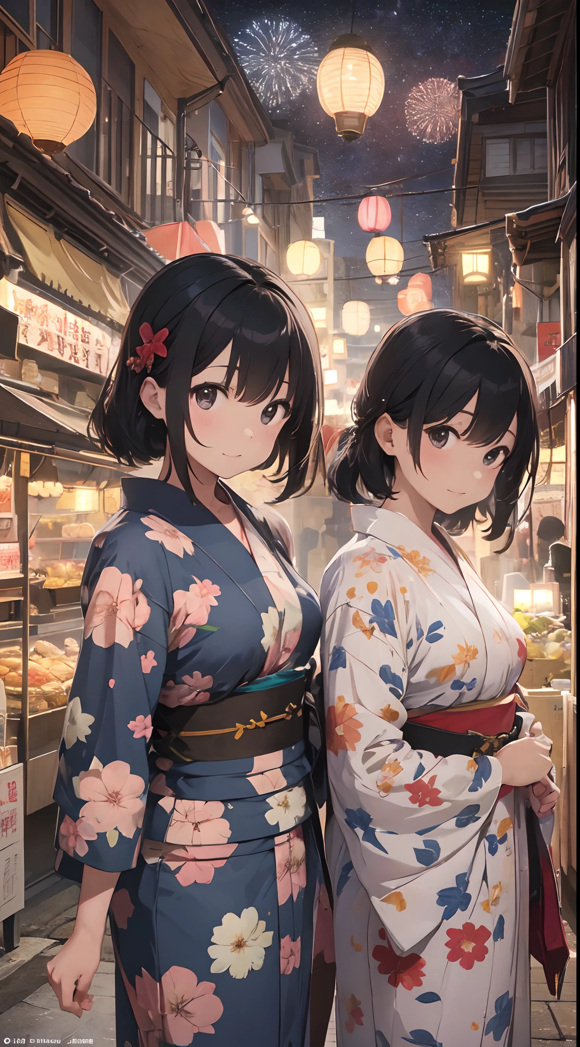 Quality improvement、hightquality、16Kwall-paper、Masterpiece、Meticulous portrayal、Detailed down to the smallest detail、intricate detailes、Backgrounds with depth、Three-dimensional background、Official Art、Best Illustration Award Winner、Effect with people standing out、The best rendition、人物:Two women and one man in yukata、Smiling and walking together、Women in colorful yukata with floral patterns and polka dots、Men wear dark blue yukata、There are also small items such as hair ornaments and lanterns Background:Fireworks are set off in the night sky、A lively summer festival with food stalls and lanterns、You can feel the atmosphere of crowds and festivals Impact:The color and shape of the fireworks are different々Eye-catching with、The facial expressions and poses of the people are fun and empathetic.、The details of the stalls and lanterns are detailed and realistic.、Beautiful contrast between light and shadow