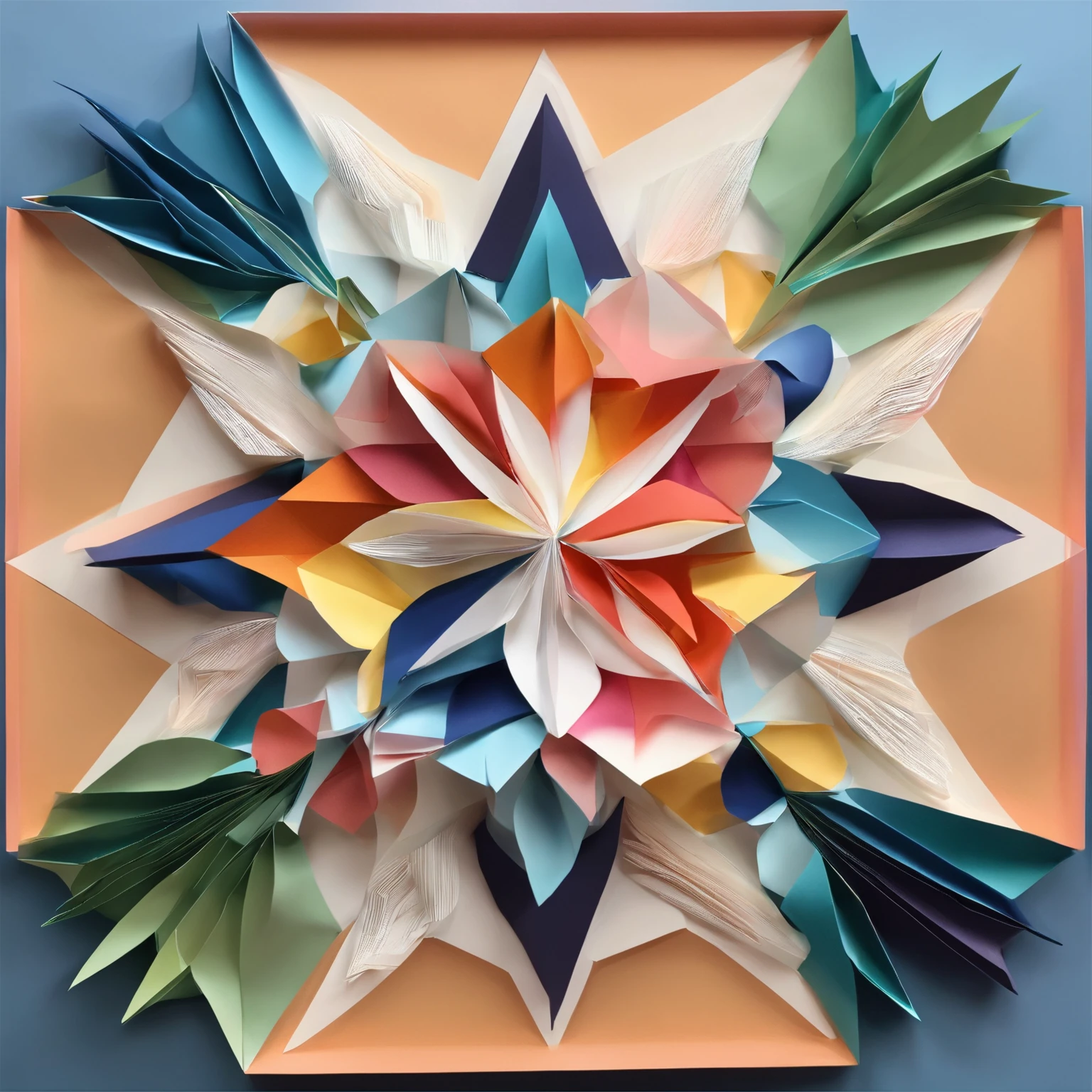 "Create a library of intricate and delicate papercut art featuring intricate floral patterns, geometric shapes, and abstract designs in vibrant colors. The art should be inspired by traditional papercutting techniques from various cultures and time periods, while also incorporating modern design elements. The final pieces should be both visually stunning and thought-provoking, exploring themes such as the relationship between nature and humanity, the passage of time, and the interconnectedness of all things."