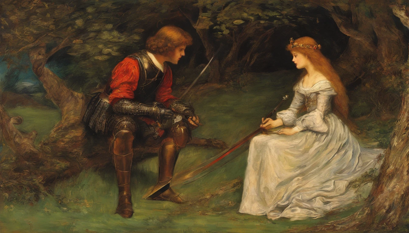 John Everett Millais, Pre-Raphaelites, knight, lady, medieval, banner, wind, sword