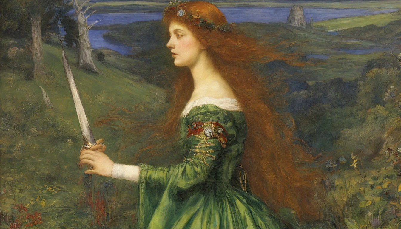 John Everett Millais, Pre-Raphaelites, knight, lady, medieval, banner, wind, sword