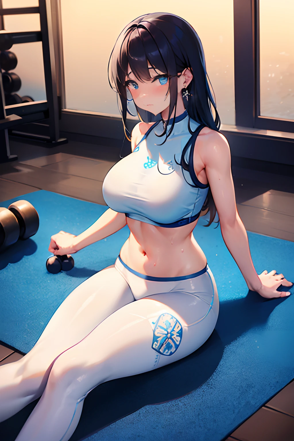 Sunset reflection fitness gym、full of sweat、Light Blue Fitness Wear Use English characters、Floral pattern White leggings、White ankle socks、Navel Ejection、 black Longhair Hair Retention Pin、wrist watch、Colossal tits Whip whip、sapphire earrings、Dumbbell training、Shy face