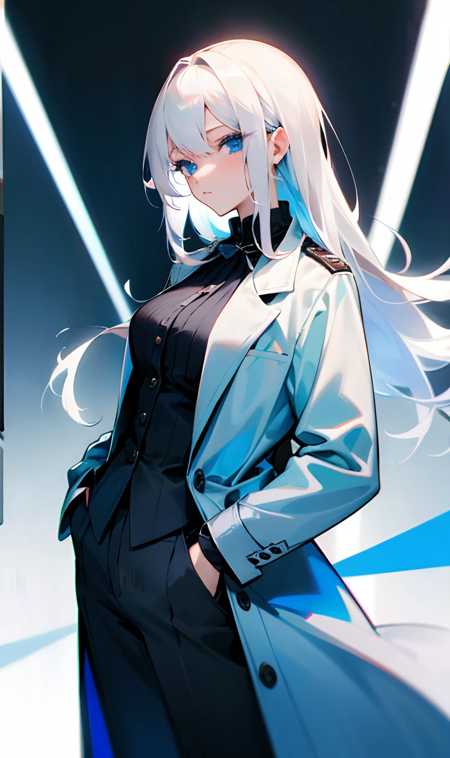 White-haired girl with blue eyes wearing a dress suit and overcoat over her blouse with her hand in her pocket