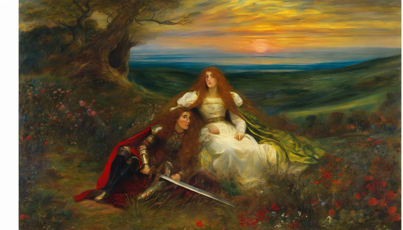 John Everett Millais, Pre-Raphaelites, knight, lady, medieval, banner, wind, sword
