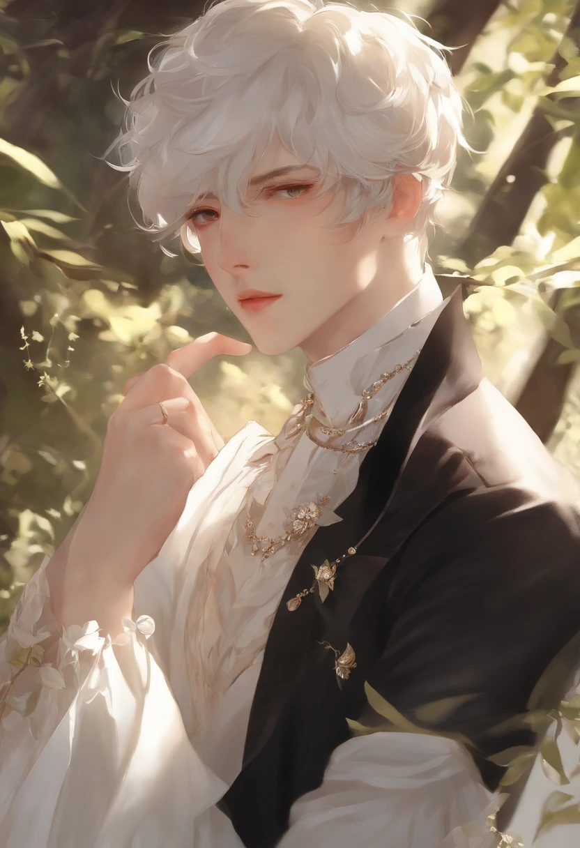 Delicate face, Downshot, Thick Acrylic, Illustration pixiv, by Kawassie, John Singer, Sargent, masutepiece, Upper body, king, One, Boy, Two hands, White eyes, white short hair,, pale white skin, Beautiful face, God Light, white, Shirt, Rich details, High quality, dregs,, fall,8K, ultra-detailliert, Latest pixiv, Illustrations, dynamicposes, Dynamic angles,, Gorgeous light and shadows, Transparency,, detailed ornament, Detail line, Mysterious,, Fantasy, Magic, SHINES,