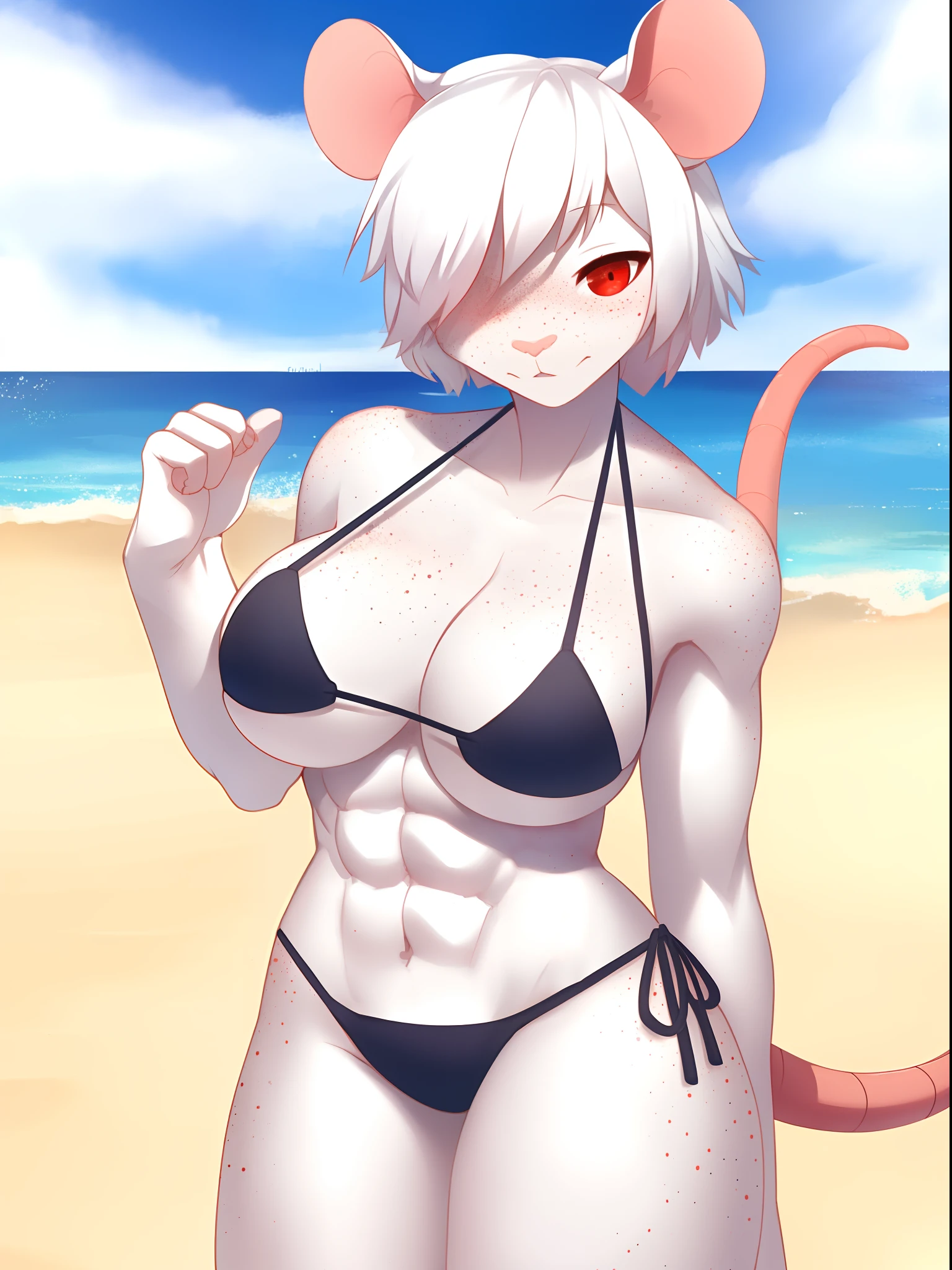 1girl, solo, Flint, beach, bikini, masterpiece, best quality, freckles,anthro rat, rat girl, red eyes, abs, hair over one eye, white hair, white fur