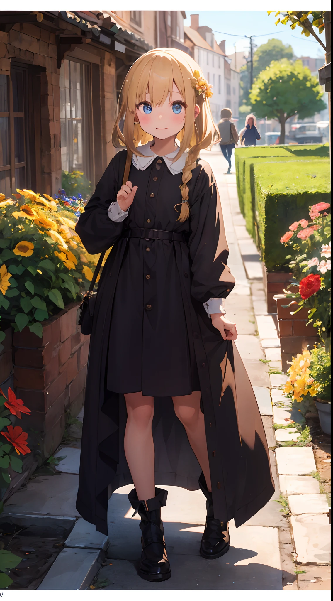 top-quality、masterpiece、The upper part of the body、 (little man:1.6)、Ukrainian women、(entreaty:1.4)、Exaggerated pampering gesture、 Braided brown hair and blonde hair、 Smooth hair、Realistic eyes、 Feminine corde、Medieval European period、Wang Du、flower garden、central、Blur the background