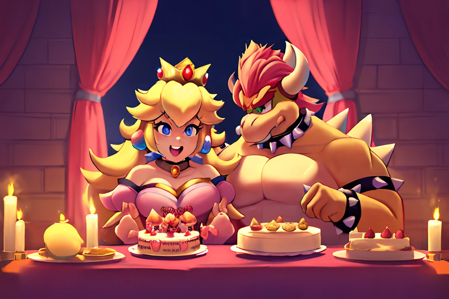 bowser, (princess peach), larger male, spiked collar, (1boy), (1girl), duo, masterpiece, perfect lighting, absurdres, detailed hair, big penis, unseen male face, (sfw:1.1), castle kitchen, (baking a cake:1.1), cake, food, table, happy, cute, (grabbing),