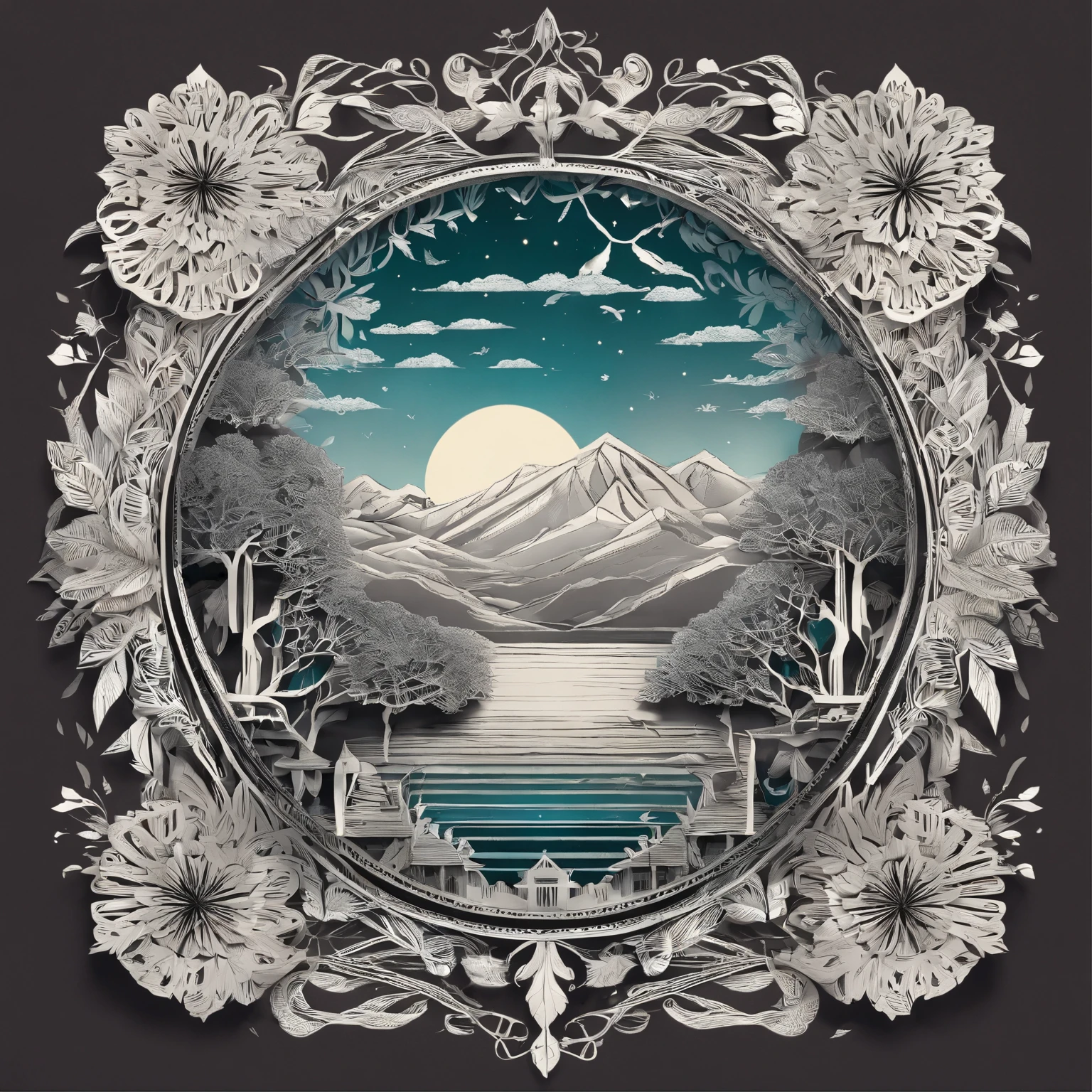 "Create a library of intricate and delicate papercut art featuring intricate floral patterns, geometric shapes, and abstract designs in vibrant colors. The art should be inspired by traditional papercutting techniques from various cultures and time periods, while also incorporating modern design elements. The final pieces should be both visually stunning and thought-provoking, exploring themes such as the relationship between nature and humanity, the passage of time, and the interconnectedness of all things."