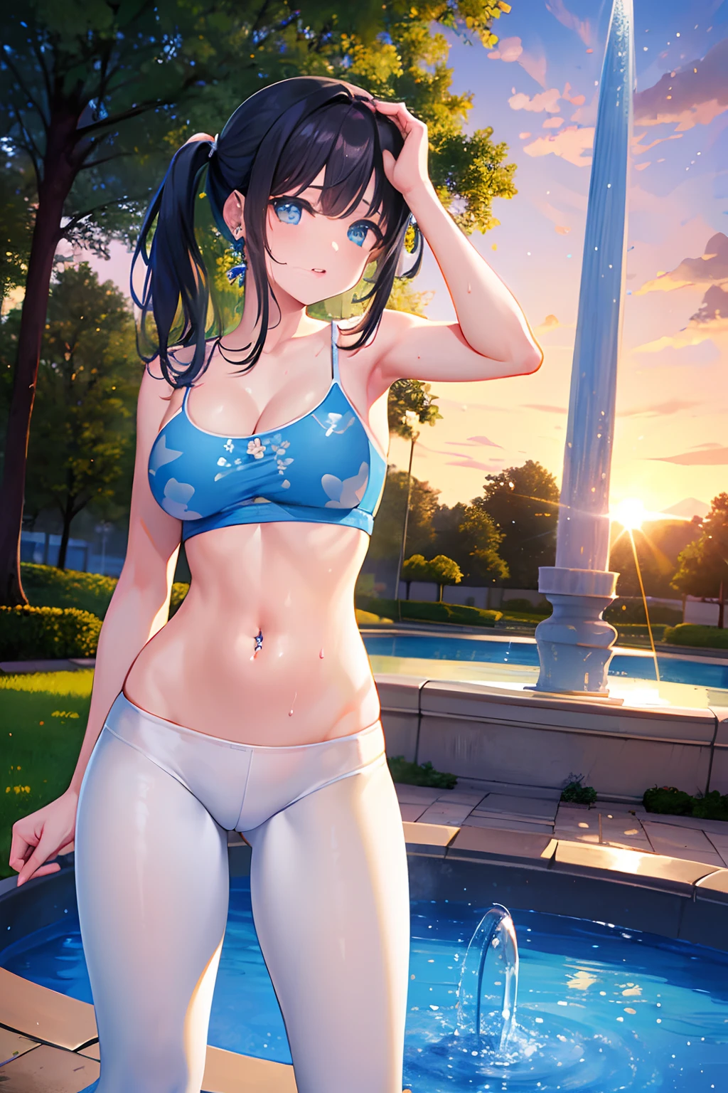 Sunset reflection　a park　The fountain、full of sweat、Light Blue Fitness Wear　Use English characters、Floral pattern　White leggings、White ankle socks、Navel Ejection　belly button piercing、 black　Longhair　Hair Retention Pin、wrist watch、Colossal tits　Whip whip、sapphire earrings、facing back、Shy face