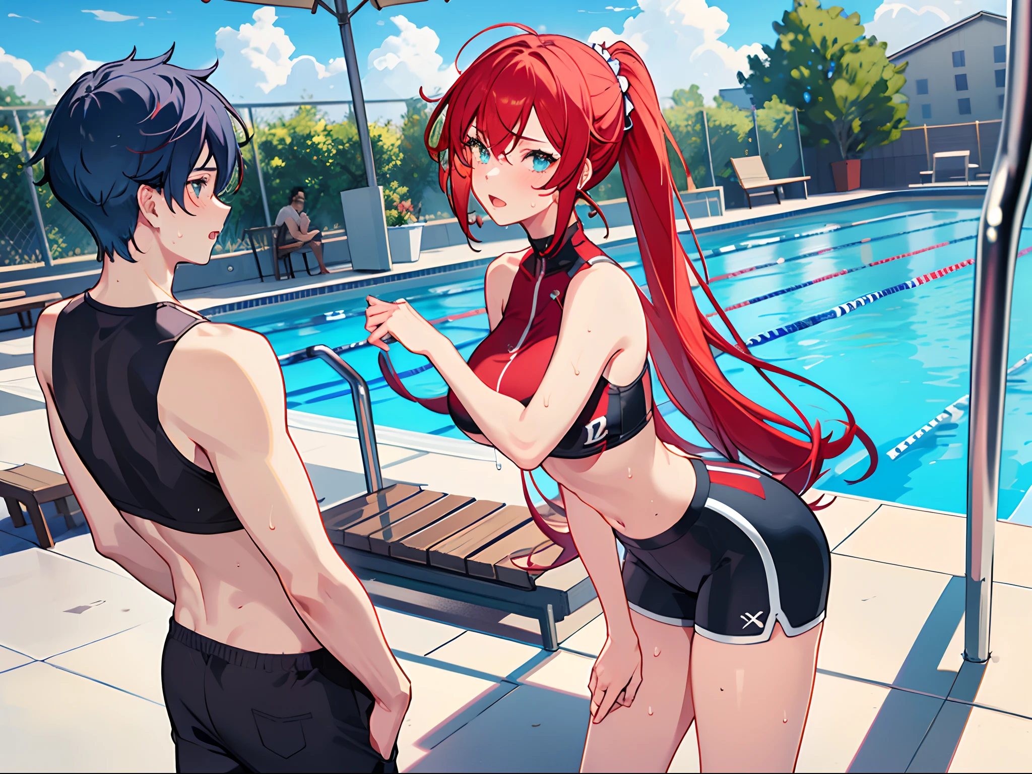1girl, 1boy, couple, girl x boy, (girl with boy:1.5), boy and girl, red hair, blue hair, crop top, white tight shorts, soaked in sweat, sweaty, heavy breathing, red face, blunt hair, curvy body, standing in rooftop pool, exposed groin, exposed inguinal, exposed pubis, very detailed navel, full body, age, looking at another, wide angle, caught