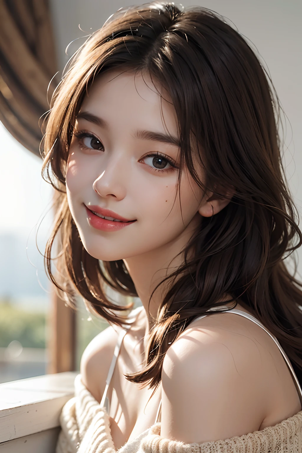 best quality, masterpiece, ultra high res, photorealistic, 1girl, offshoulder, smile, oversized_sweater, soft lighting, detailed skin,brown hair