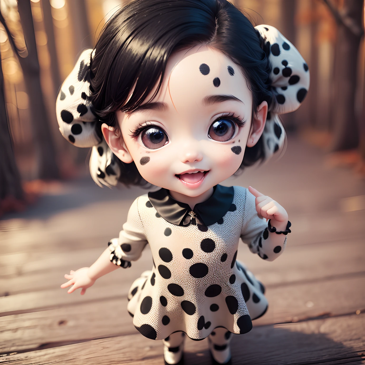 Cute Baby Chibi Anime,(((chibi3d))) (best quality) (masterprice)Black Hair Cornrow Hairstyles、(dalmatian pattern dress:1.4)、(dalmatian pattern high-heel:1.4)、Small face、petite body、Open your mouth and smile、The background is a fairytale autumn forest