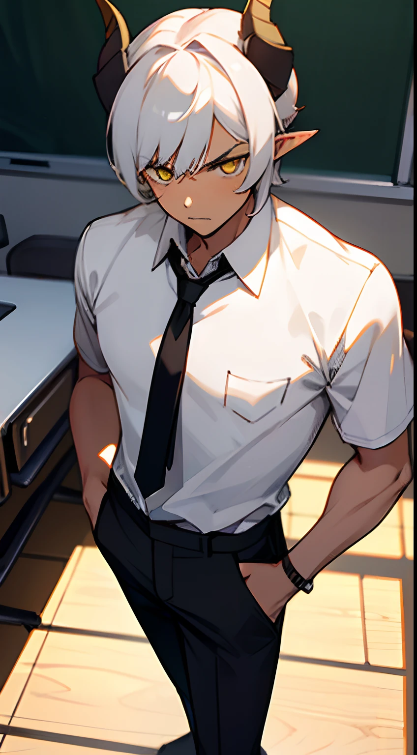 1boy,medium,solo,serious face,tanned skin,white student shirt,black tie,black pants,Short hair,White hair,yellow eyes,elves ears,black horns,classroom,masterpiece,hd,4k