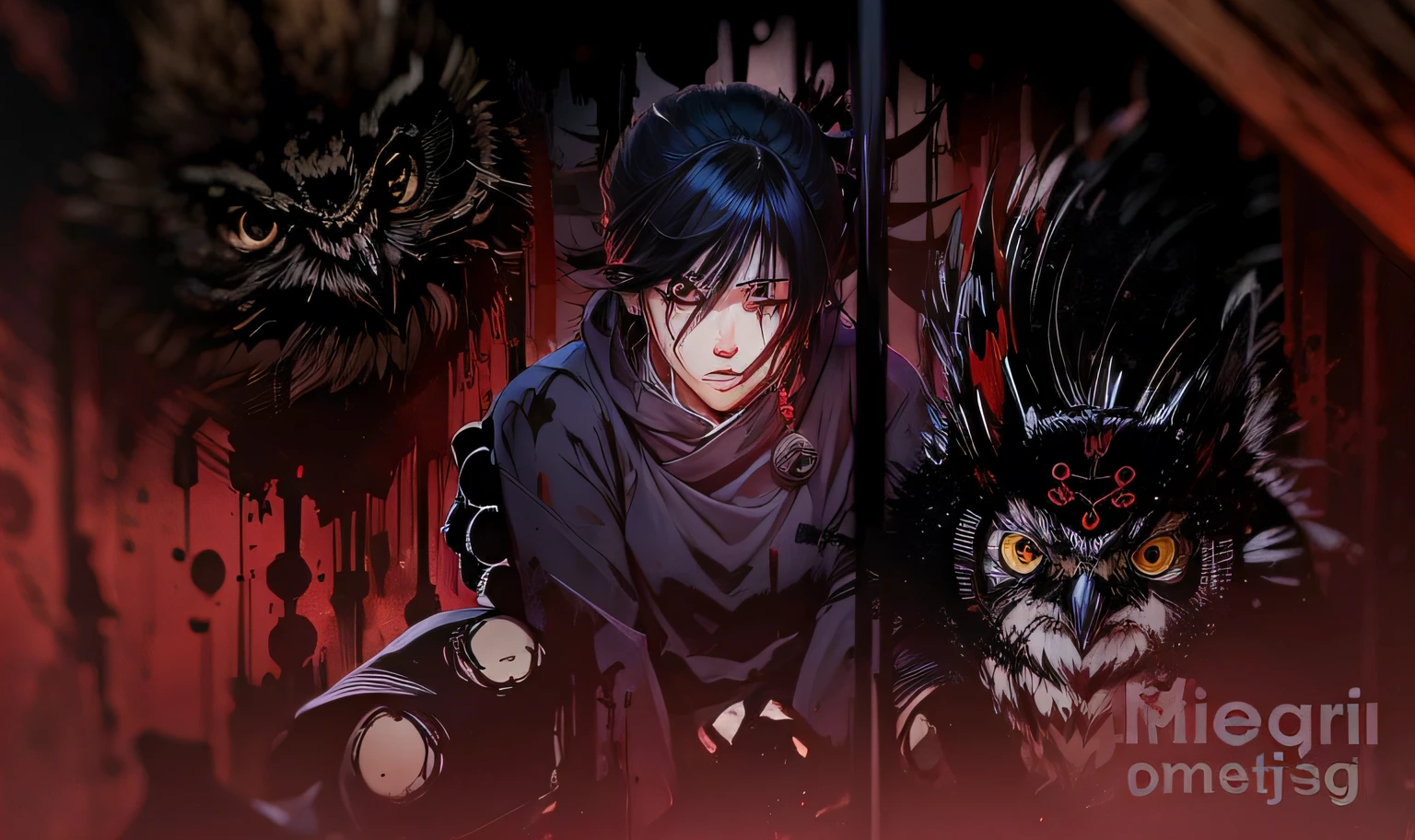 jujutsu kaisen, fushiguro megumi, megumi owl , evolving, anime realistic painting