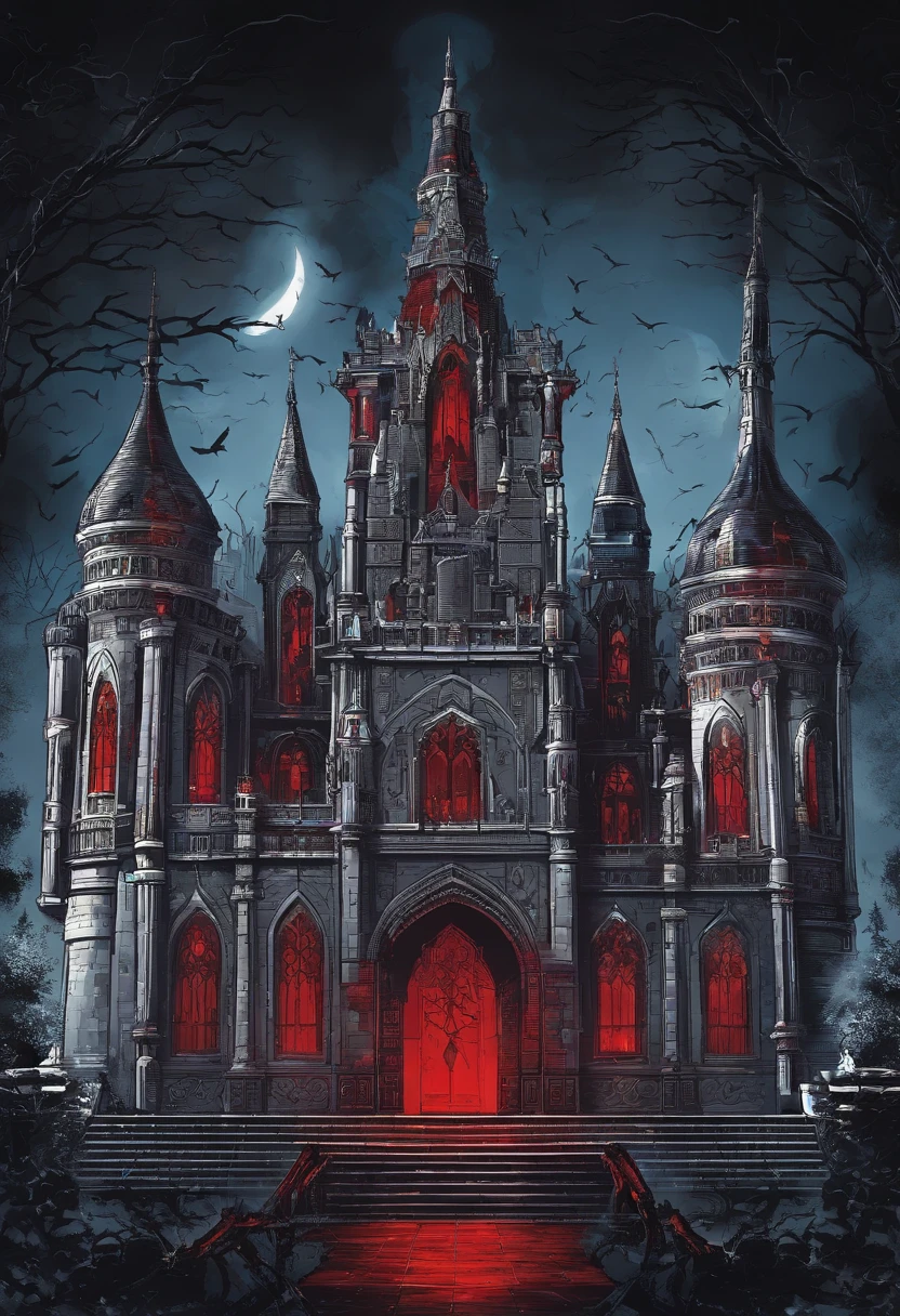 Castlevania castle with the title 'Castlevania' in the middle. With red eyes looking at viewer in the night sky.
