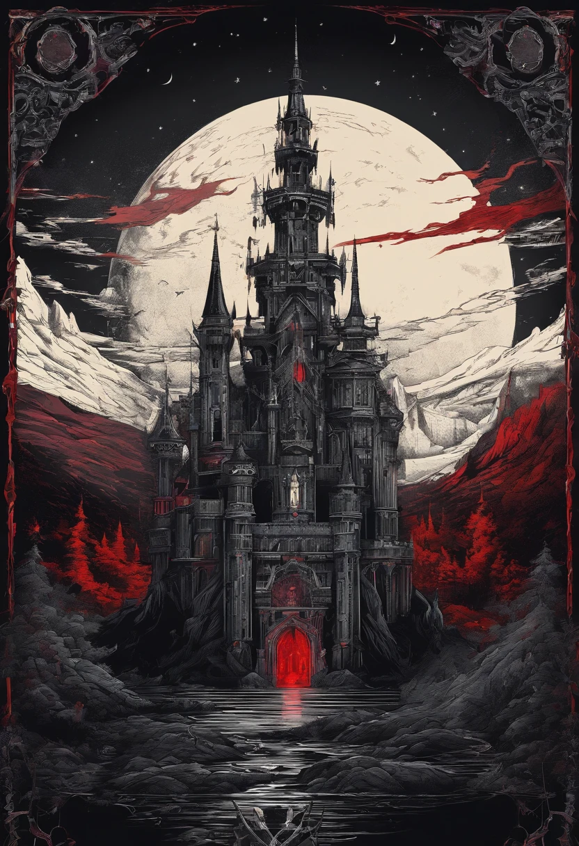 Castlevania castle with the title 'Castlevania' in the middle. With red eyes looking at viewer in the night sky.