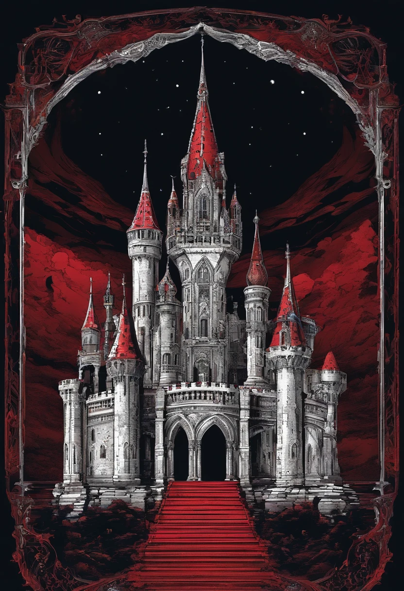 Castlevania castle with the title 'Castlevania' in the middle. With red eyes looking at viewer in the night sky.