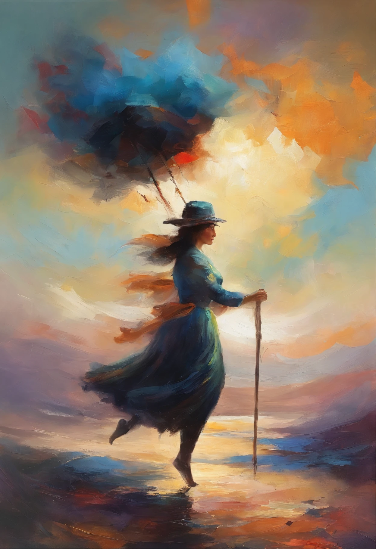 ​masterpiece、top-quality、morning、stroll、Cloud Girl、floating in sky、a closeup、with light glowing、Happiness、Fresh morning sunshine、(Spark:0.7) 、stroll、landscapesa beautiful witch woman with a balck hair & pony tail, riding with a broom & trim between the two thighs, flying in the sky,🌍 8k