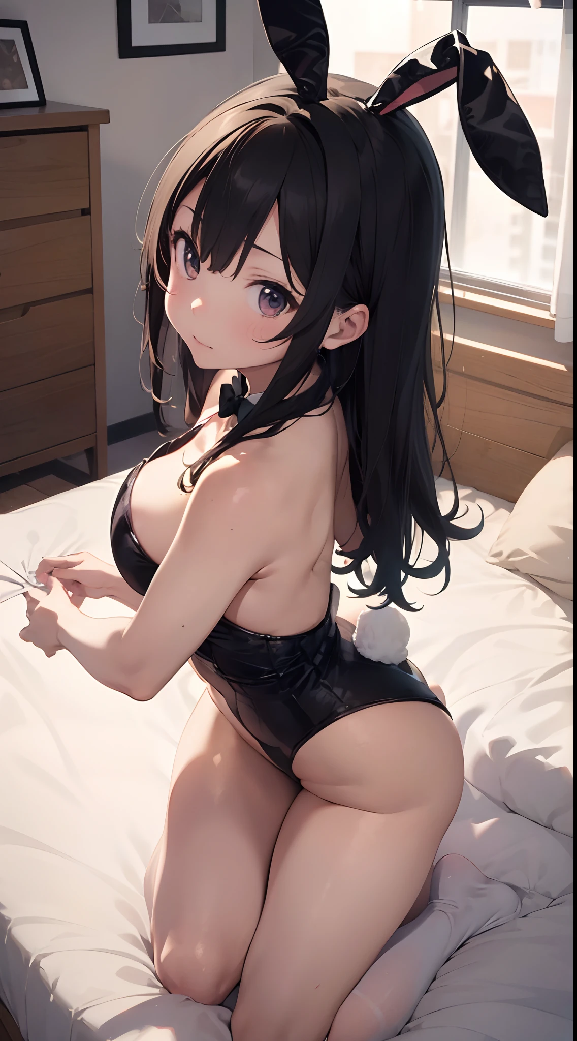 4K,Anime, girl, Pose, bent over, Beauty, bed sheet, C(Bunny Girl:1.5),(Black Playboy Bunny:1.0), (Bunny ears),