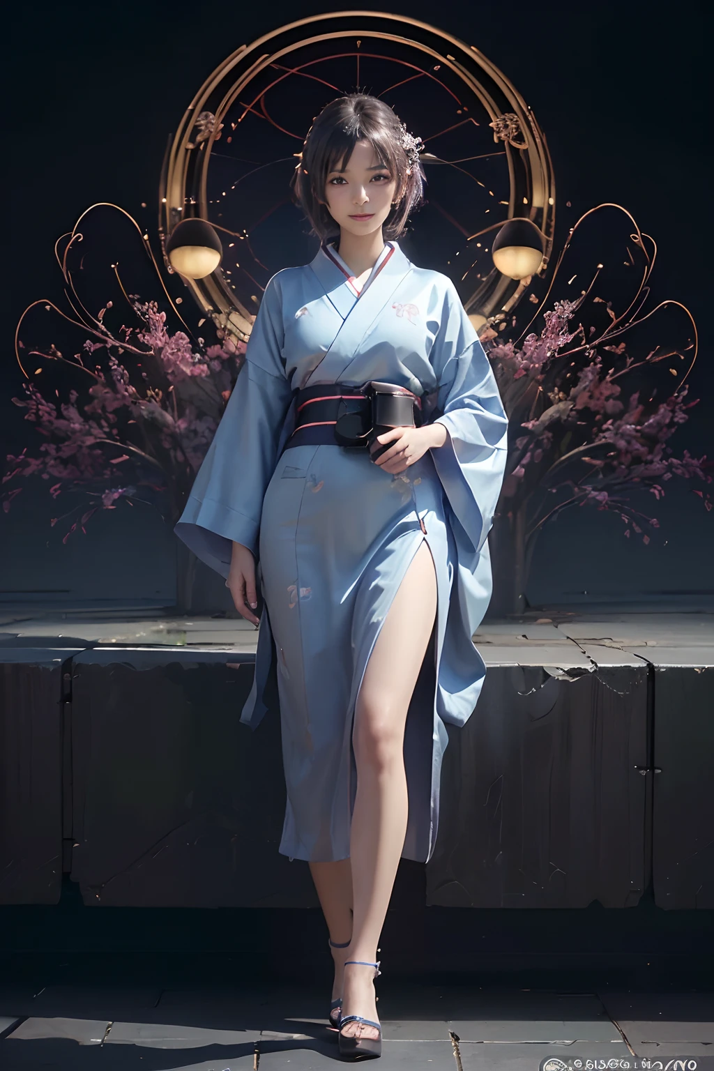 (((NffSW))), (((masutepiece))), (((8K))), (((A high resolution))), (((surrealism))), (((Cinematic lighting))), god light, zoom layer, (((full body shot of))), f/4.0, kanon, Shiny skin,Detailed skin,Detailed face, Detailed eyes, girl, Shortwave hair, Smile, The old princess of Japan, Gorgeous kimono
