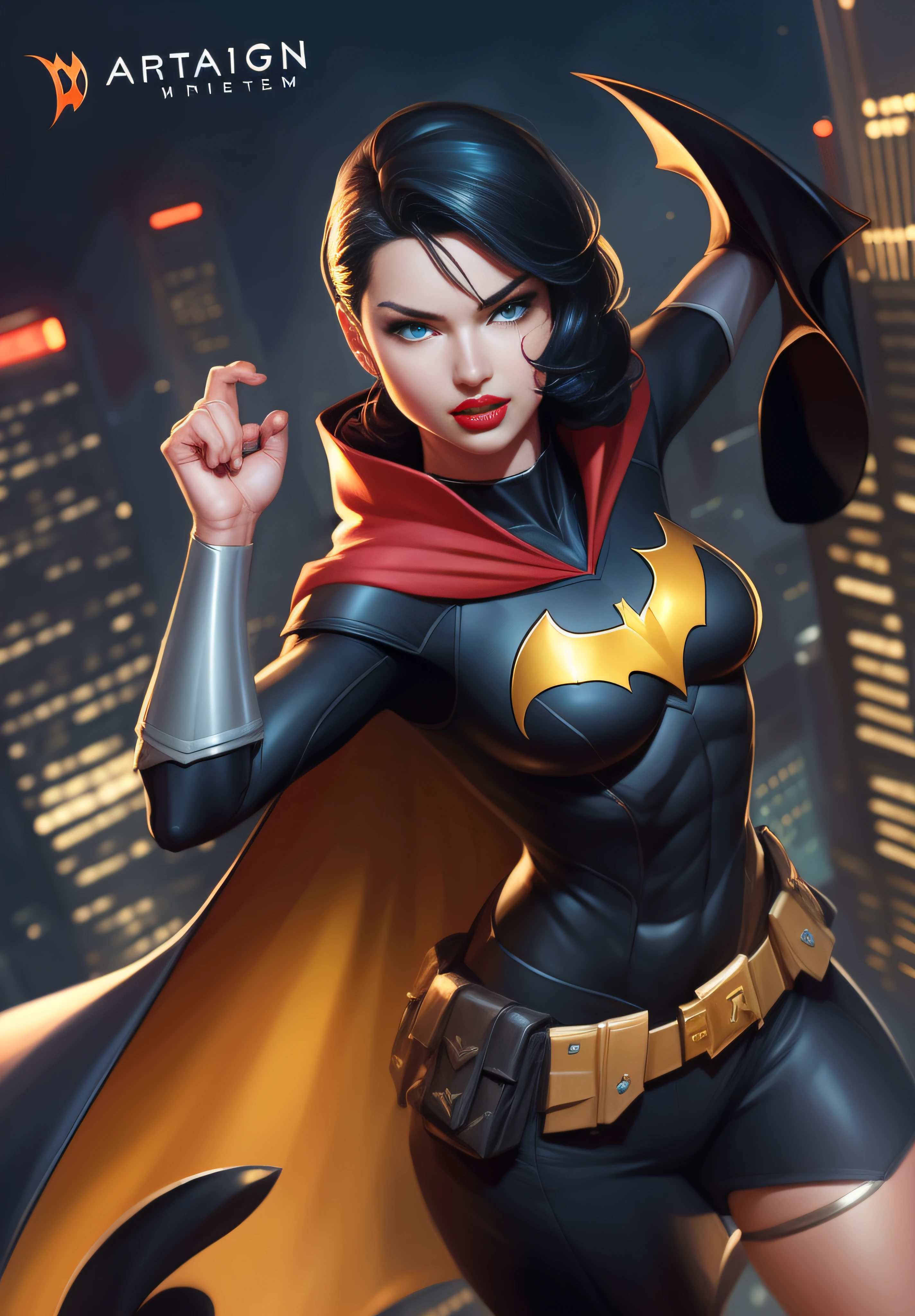 batman statue of a woman (Adriana Lima :1.1) red lips, green eyes in a black and red outfit, artgerm and atey ghailan, ig model | artgerm, in the style artgerm, extremely detailed artgerm, trending artgerm, style artgerm, graphic artist artgerm, artgerm greg rutkowski _ greg, artgerm style