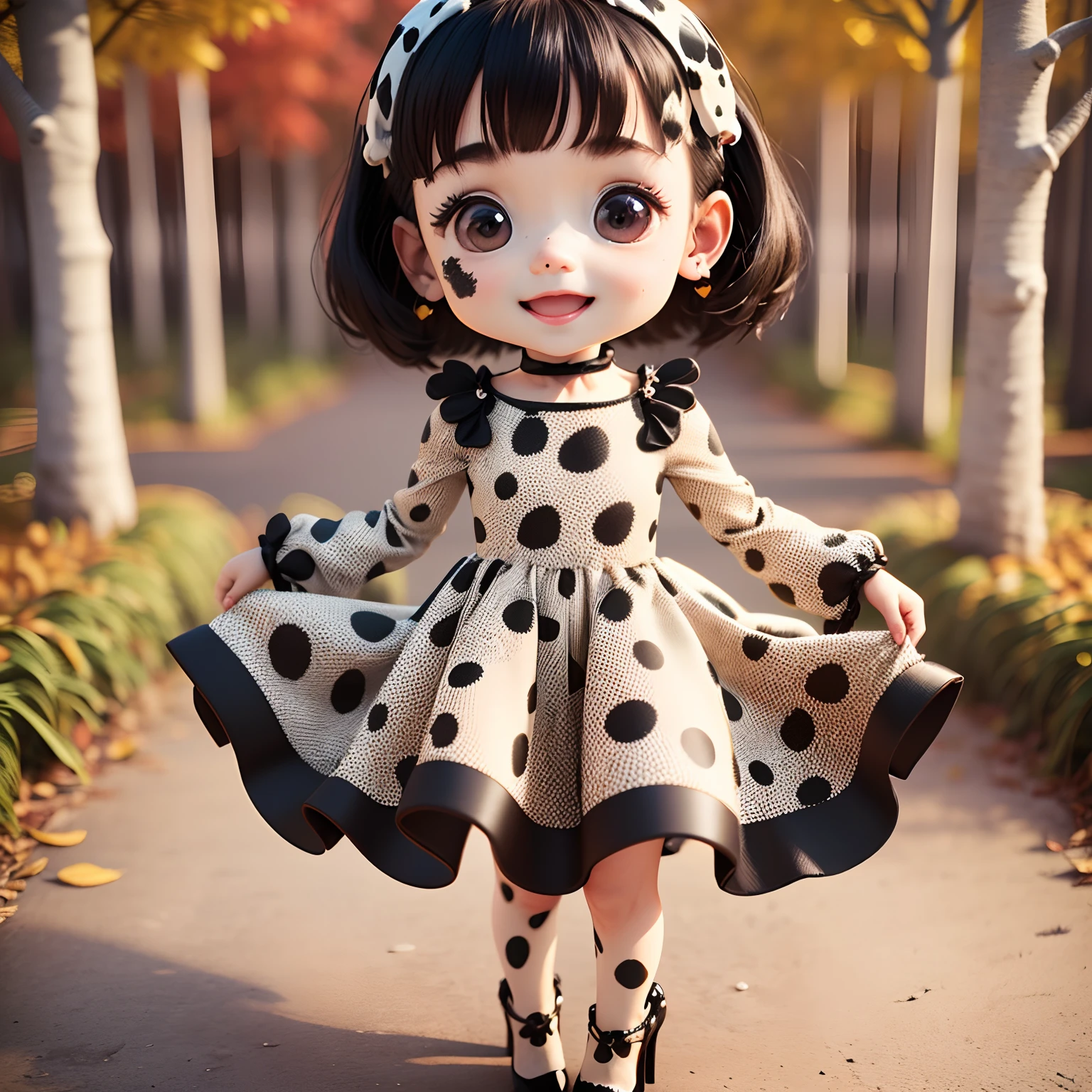 Cute  Chibi Anime,(((chibi 3d))) (Best Quality) (Master Price)Black Hair Corn Row Hairstyle、(Dalmatian Pattern Dresses:1.4)、(Dalmatian Pattern High Heels:1.4)、a small face、petite body、Open your mouth and smile、The background is a fairytale autumn forest