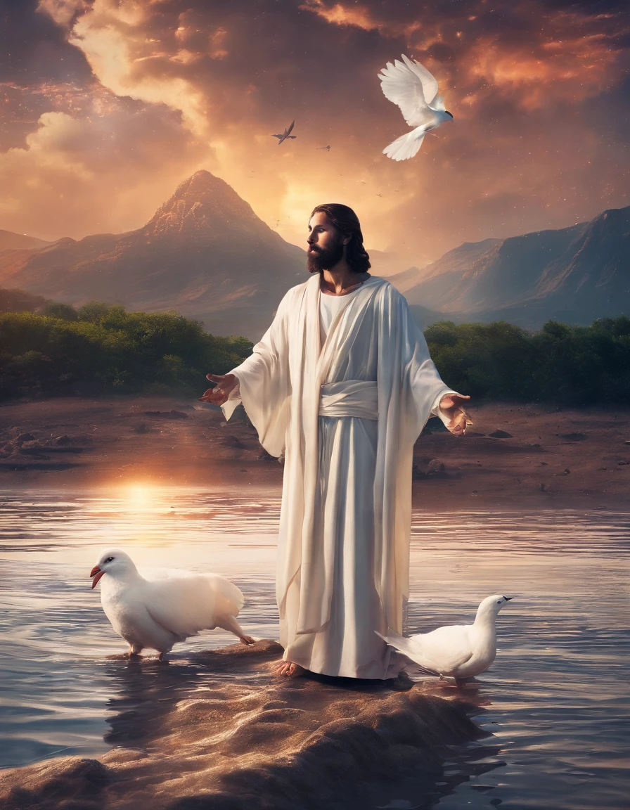 portrait of Jesus Christ standing with white dove and the light of the holy spirit illuminating him being baptized by John the Baptist in the waters of the Jordan River , 32k, sharp facial features, cinematic, 35mm lens, f/1.8, highlight lighting, global lighting –uplight –v 5.2