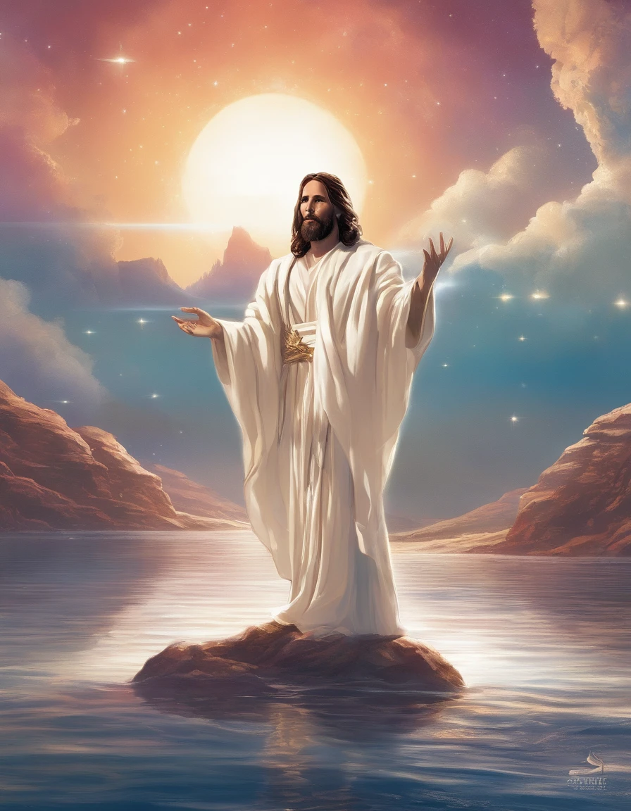 portrait of Jesus Christ standing with white dove and the light of the holy spirit illuminating him being baptized by John the Baptist in the waters of the Jordan River , 32k, sharp facial features, cinematic, 35mm lens, f/1.8, highlight lighting, global lighting –uplight –v 5.2