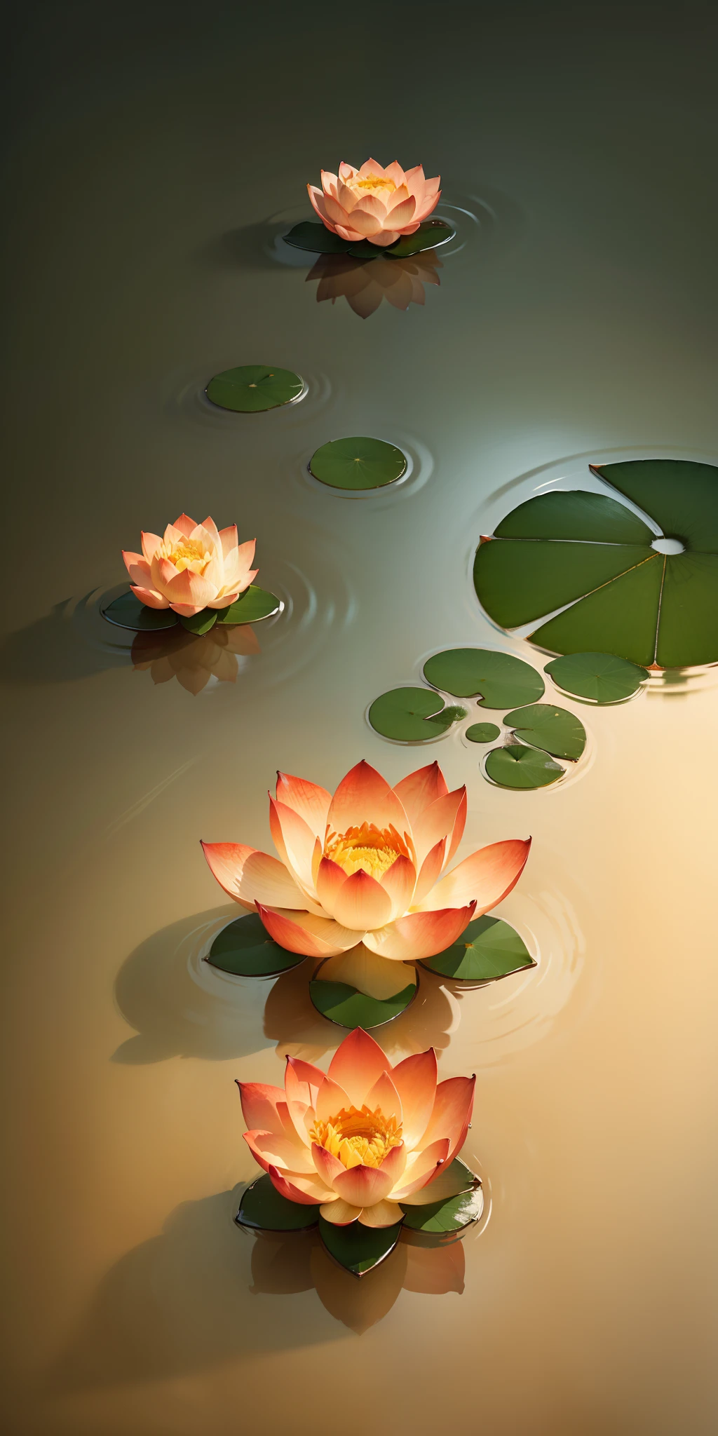 Lotus flowers bloom on the surface of the water on a gray background, Simple background, in light orange and light beige style, minimalist images, photographic installations, Paleocore, green and crimson, Surreal poetic intimacy