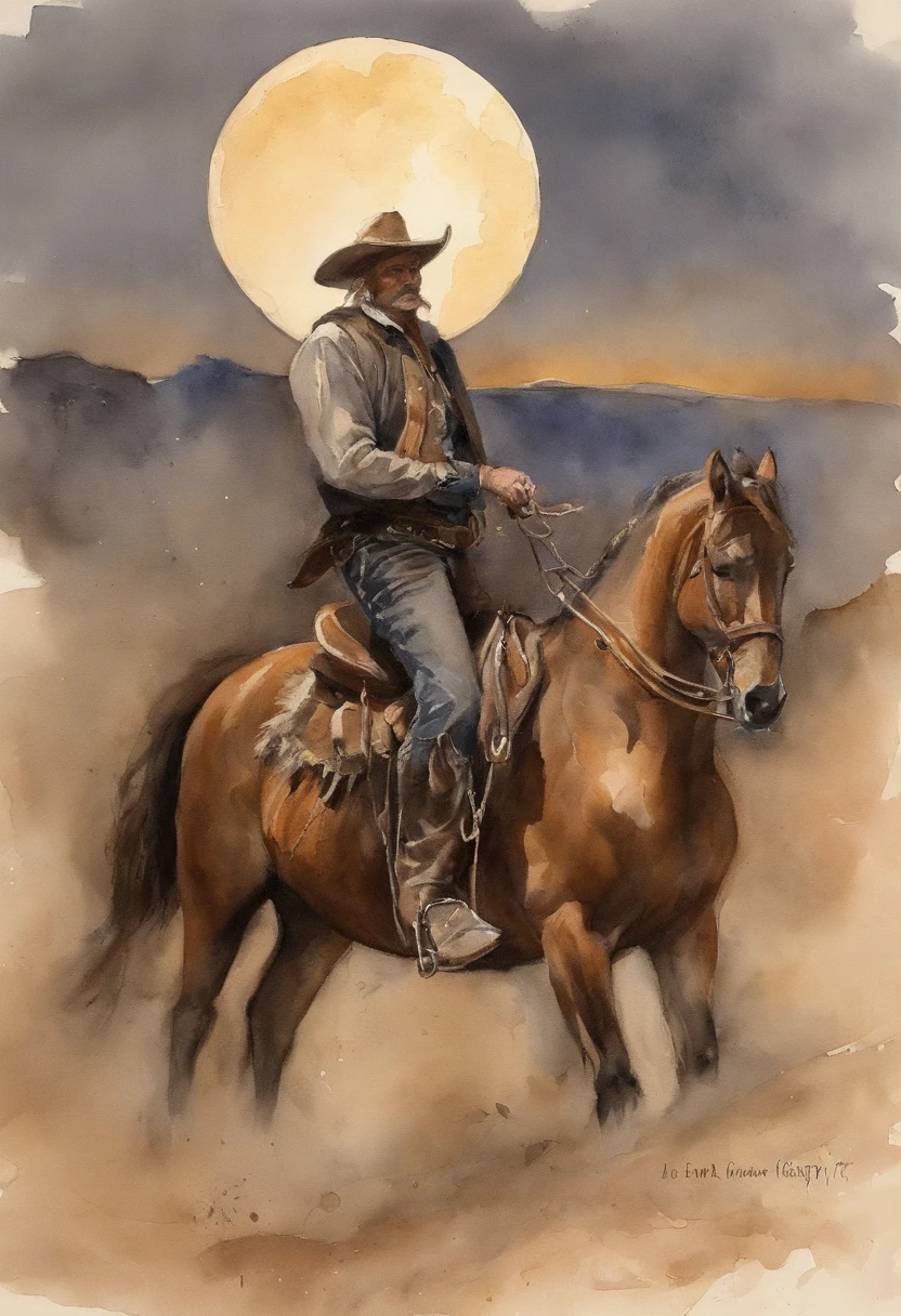 There is a man on a horse in front of a full moon, Andar a cavalo na lua, Vaqueiro, Cowboy na Faixa, Foto traseira de um cowboy, No Velho Oeste, O Cowboy no Estranho Oeste, Velho Oeste, Lone guard, sonho de vaqueiro, quadrinhos ocidentais inspirados, lonely rider, Directed by: Cíntia Wright, space western, Fotografia Moonwalker