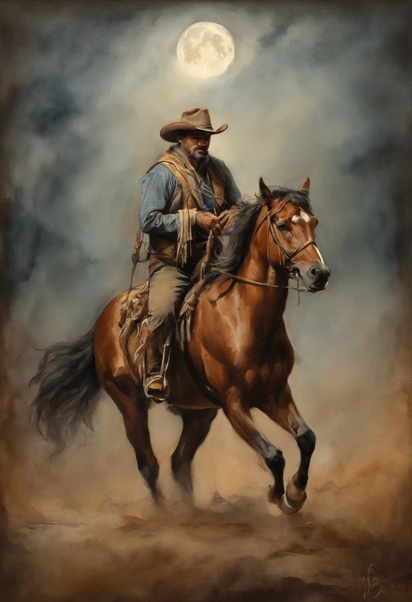 There is a man on a horse in front of a full moon, Andar a cavalo na lua, vaqueiro, Cowboy na Faixa, Back photo of a cowboy, No Velho Oeste, O Cowboy no Estranho Oeste, Velho Oeste, Lone guard, sonho de vaqueiro, quadrinhos ocidentais inspirados, lonely rider, Directed by: Cindy Wright, space western, Fotografia Moonwalker