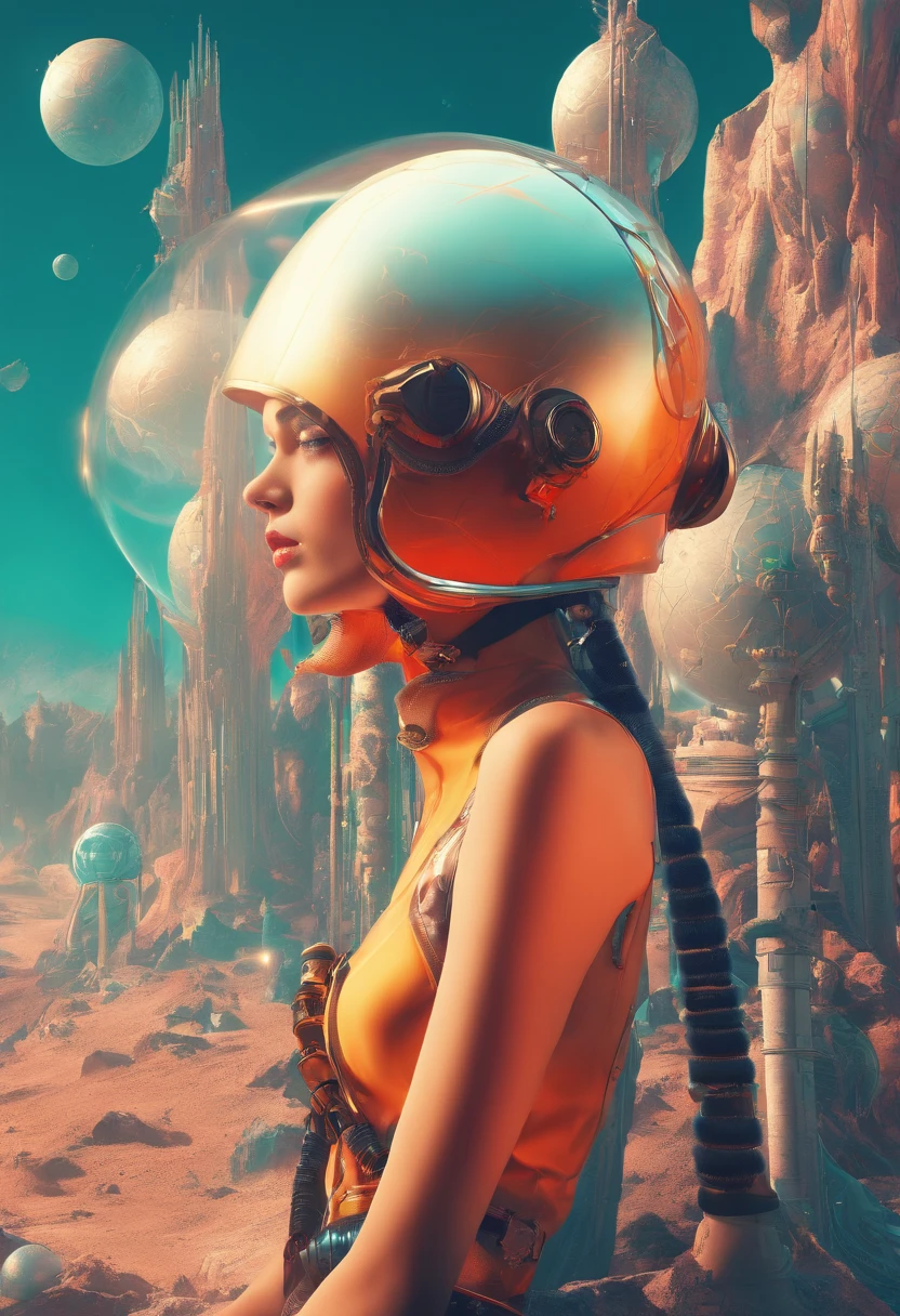(best quality,4k,8k,highres,masterpiece:1.2),ultra-detailed,(realistic,photorealistic,photo-realistic:1.37),young woman, (full body:1.2), tall woman, thin woman, orange mohawk hair, beautiful detailed eyes, beautiful detailed lips, elegant futuristic dress, (((glass-bulb helmet))), sexy pose,(ancient alien ruins, decayed alien ruins), unknown planet, retro-futuristic style, vibrant colors, soft lighting, mysterious atmosphere