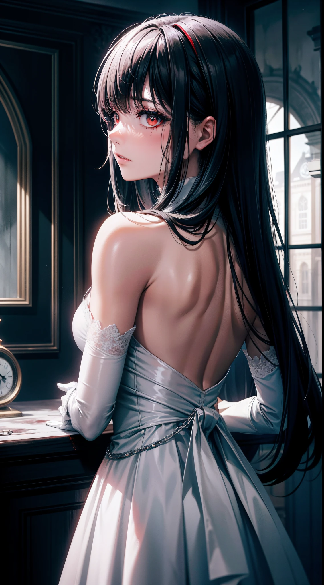 (1girl:1.3), (photorealistic:1.4), (masterpiece, top quality, best quality, official art), extreme detailed, highest detailed, (ultra-detailed), ((an extremely delicate and beautiful)), cinematic light, contemporary, silky long hair, she standing at the library, in evening, shirt, long skirt, butt crack, upper body, from above, shy, blush, (looking back:1.4),