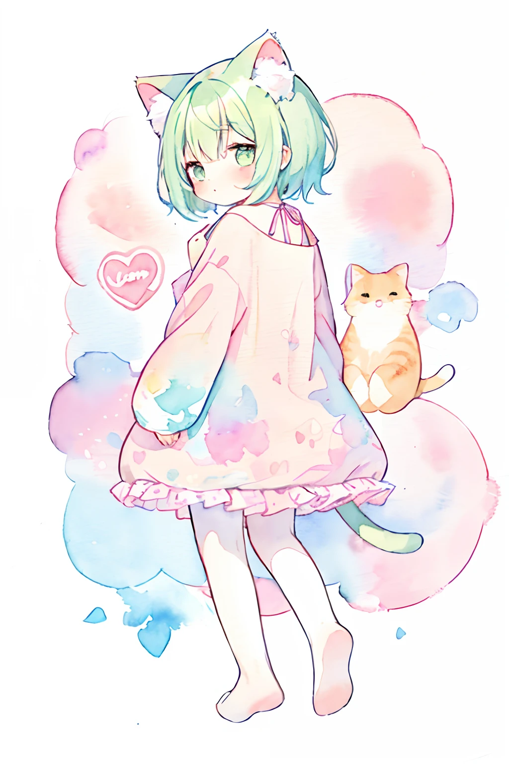 cat, fullbody,1 girl,
(pastel color:1.5),(cute illustration:1.5),(watercolor:1.2),white back ground,