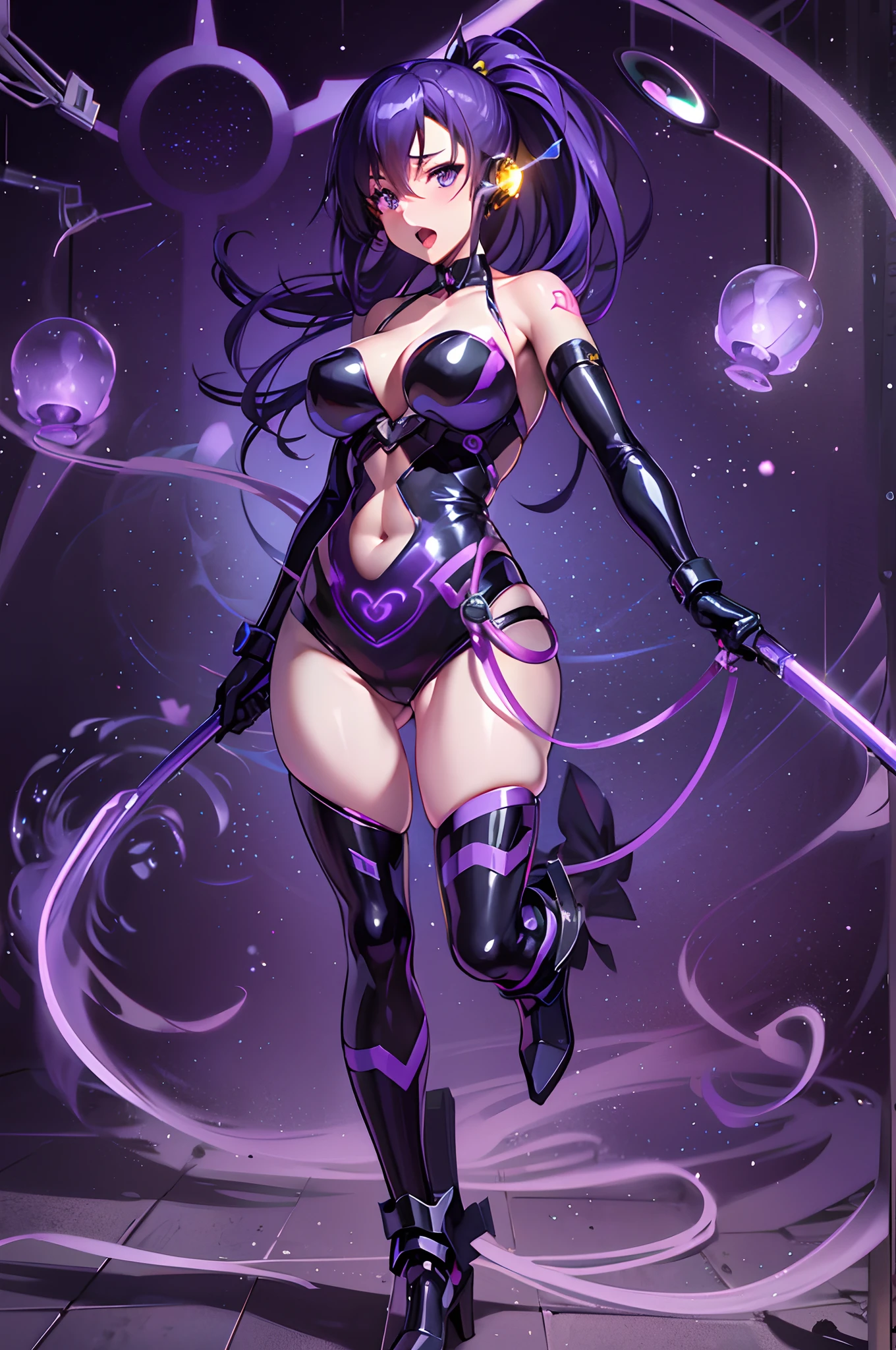 (akiyama rinko、Slender woman), Purple transparent bodysuit with emphasis on body lines, Female Solo, Full body bodysuit, Sit on a sparkling pink pipe, Mechanical chair, Plump breasts, exposed lower chest, torpedo tits, heart , Blue-purple hair, Ponytail, The long-haired, straight haired, Tattoo of the lower abdomen, Troubled face, open mouth tongue out, Eyes glow purple, Taimanin suit, Put one hand on your crotch, Open your crotch, headphones, chastity belt, Glowing tube connected to chastity belt, Futuristic and inorganic background, hairs between eyes, Chain tied to the wrist,