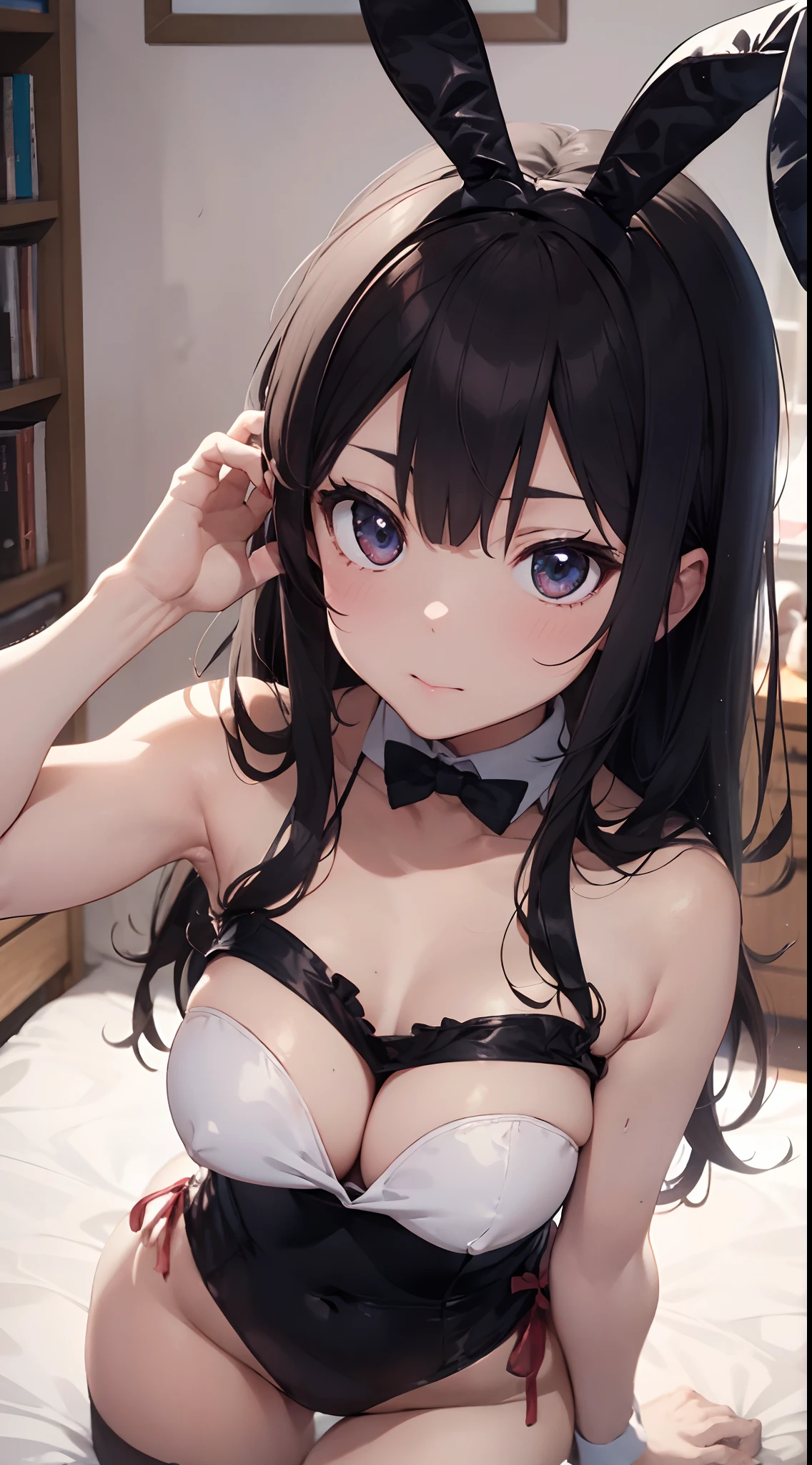 4K,anime, girl, pose, bent over, beauty, bed sheet, c(bunny girl:1.5),(Black playboy bunny:1.0), (bunny ears),