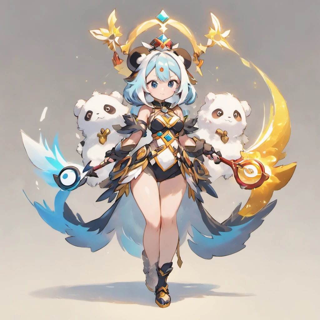 a girl, healer, Equip an Guardian crossbow, Wears a Panda fur, High Priestess, ultra detailed, high definition, highest quality, Game Character Design, fullbody, standing posture,