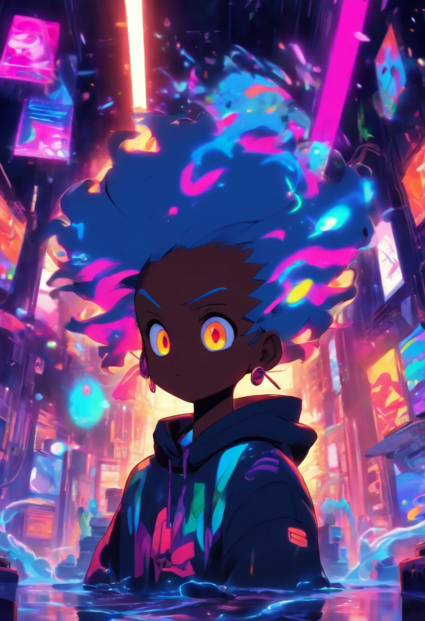 pixarstyle Monster Boy, Caramel Brown skin Black boy moor, Bald Hairstyle, Streetwear, Full Slime Body, colors neon, risa loca, malvada ,A digital window floating in cyber space and an operator woman sitting on a chair floating in space, operating the window floating around her. A beautiful face and brightly colored shining eyes. She wears a fancy hoodie with a hood and headphones. The lights of the digital window faintly illuminate the dark electronic space. The painting is detailed and well-drawn. Vivid colors. High image quality.