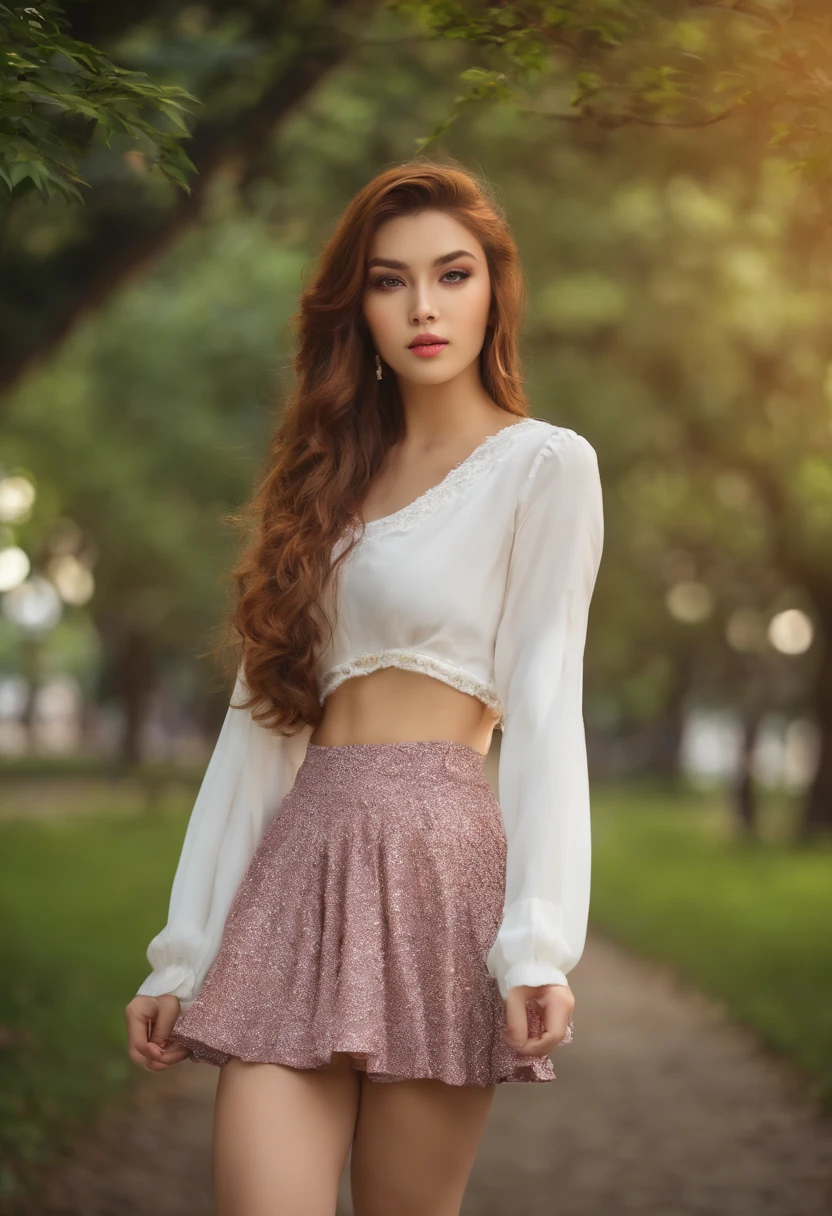 teens girl,Excellent style,Hairstyles Long,a park,skin whitening,a miniskirt,huge tit、