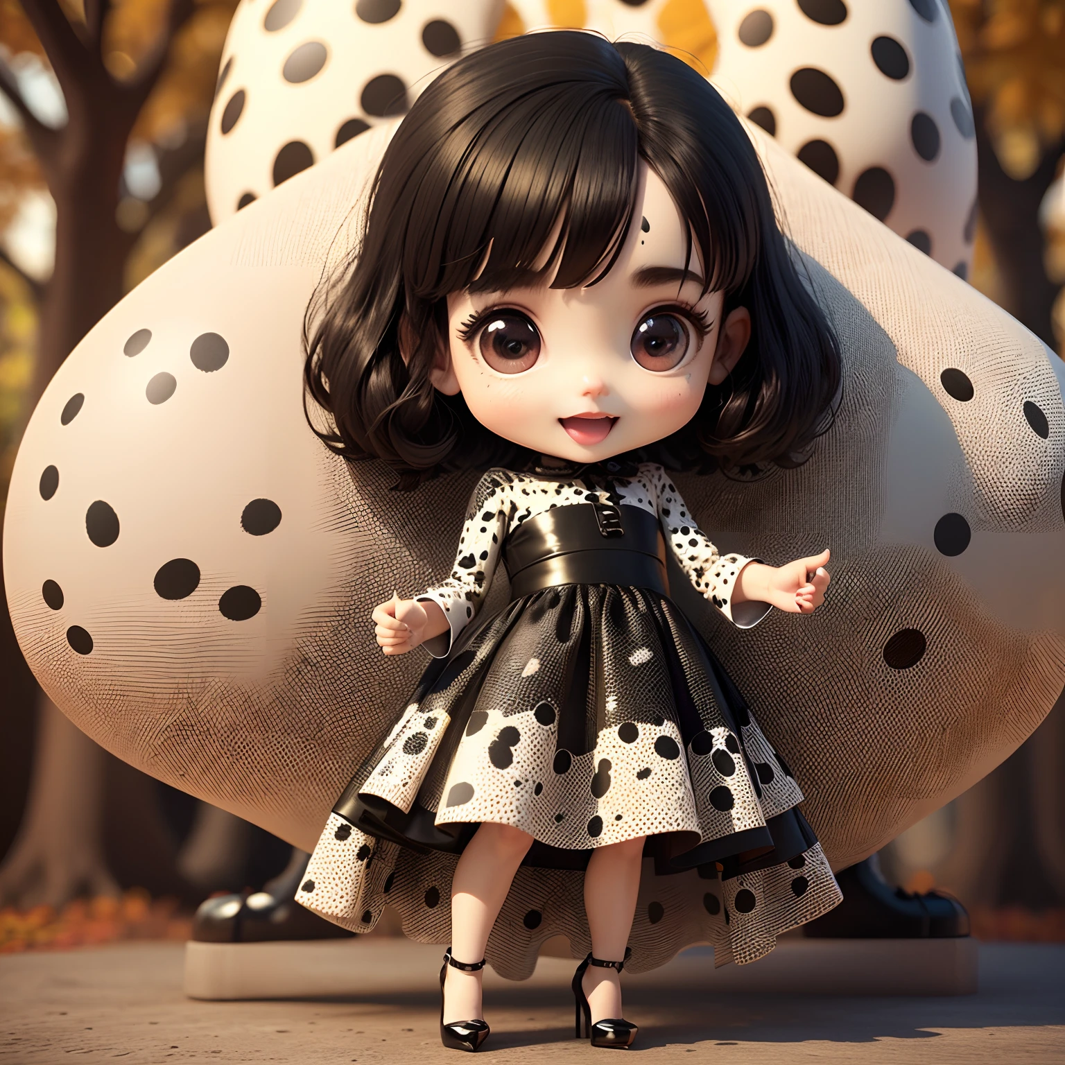Cute Baby Chibi Anime,(((Chibi 3D))) (Best Quality) (Master Price)Black Hair Corn Row Hairstyle、(Dalmatian Pattern Dresses:1.4)、(Dalmatian Pattern High Heels:1.4)、a small face、petite body、Open your mouth and smile、Standing、The background is a fairytale autumn forest